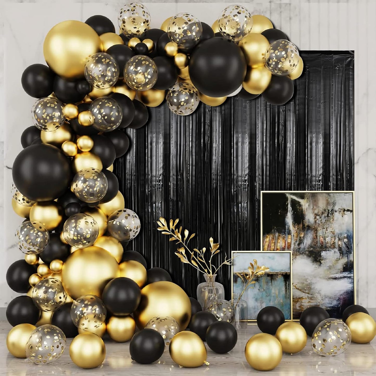 Crosize 4 Pack 3.3 x 9.9 ft Black Foil Fringe Backdrop Curtain, Streamer Backdrop Curtains, Streamers Birthday Party Decorations, Tinsel Curtain for Parties, Photo Booth Backdrops, Party Décor