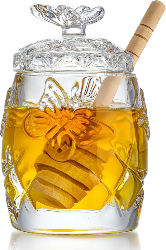 kanpura Clear Crystal Honey Jar with Dipper and Lid, Honey Bee Pot, 4.5oz Glass Honey Pot for Home Kitchen