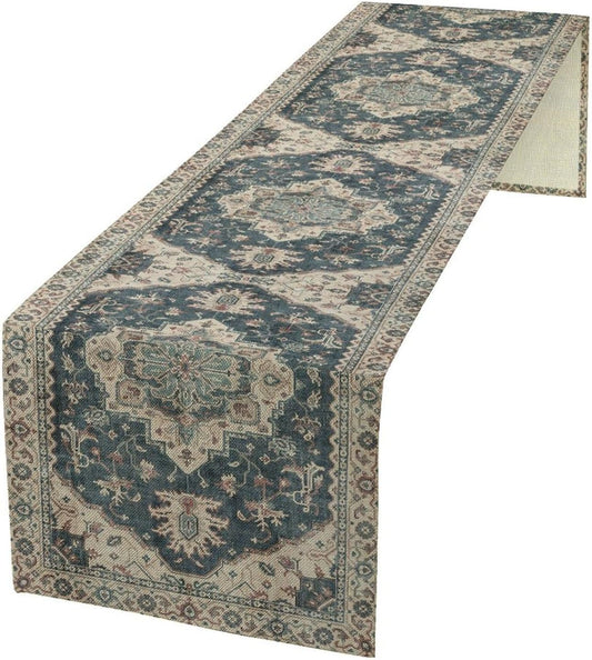 Boho Bohemia Style Table Runner, Vintage Blue Retro Flower Rustic Country Style Floral Print Pattern for Home Kitchen Table Decor Dining Coffee Room Garden Party Decor 13x108in