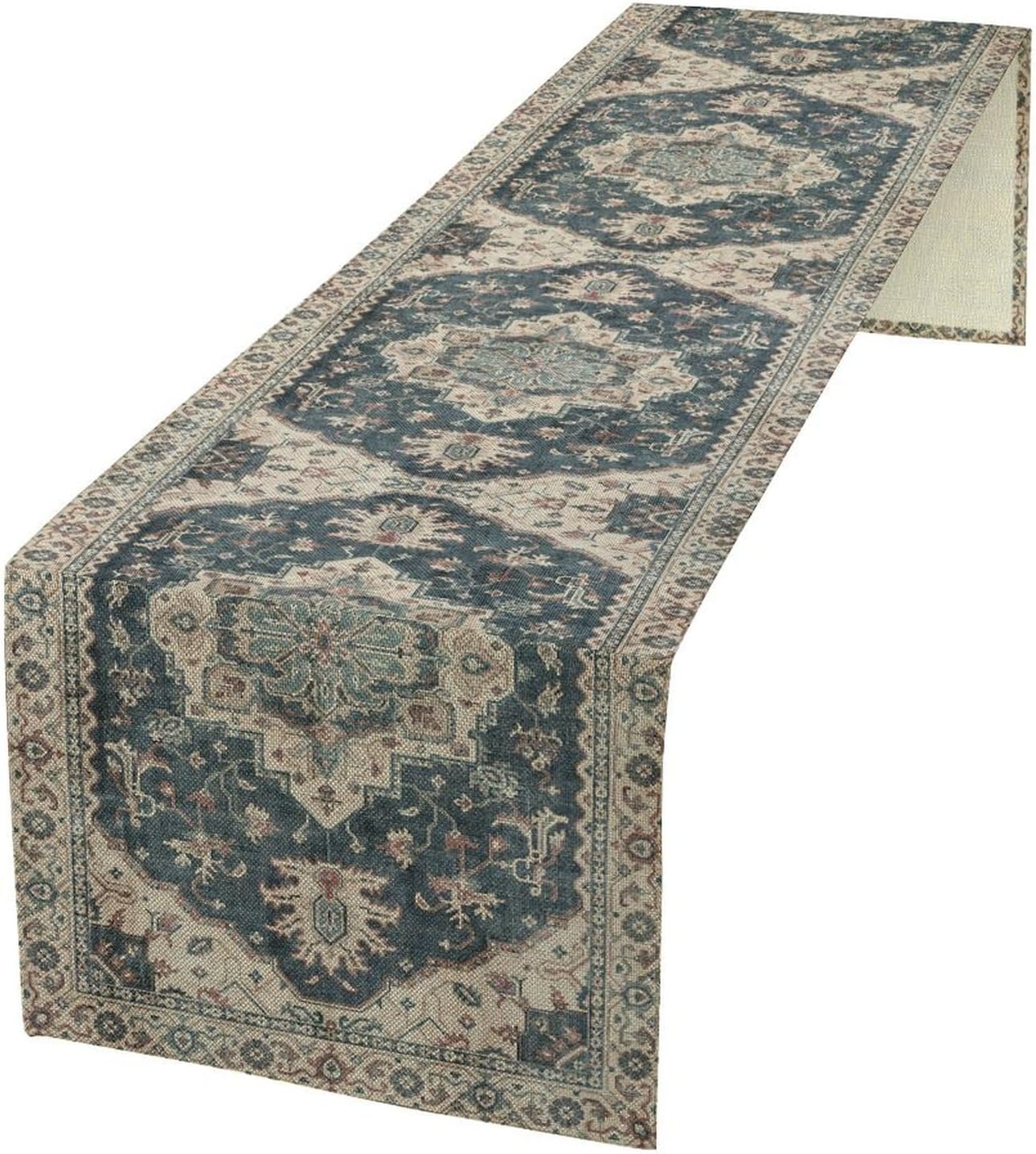 Boho Bohemia Style Table Runner, Vintage Blue Retro Flower Rustic Country Style Floral Print Pattern for Home Kitchen Table Decor Dining Coffee Room Garden Party Decor 13x36in