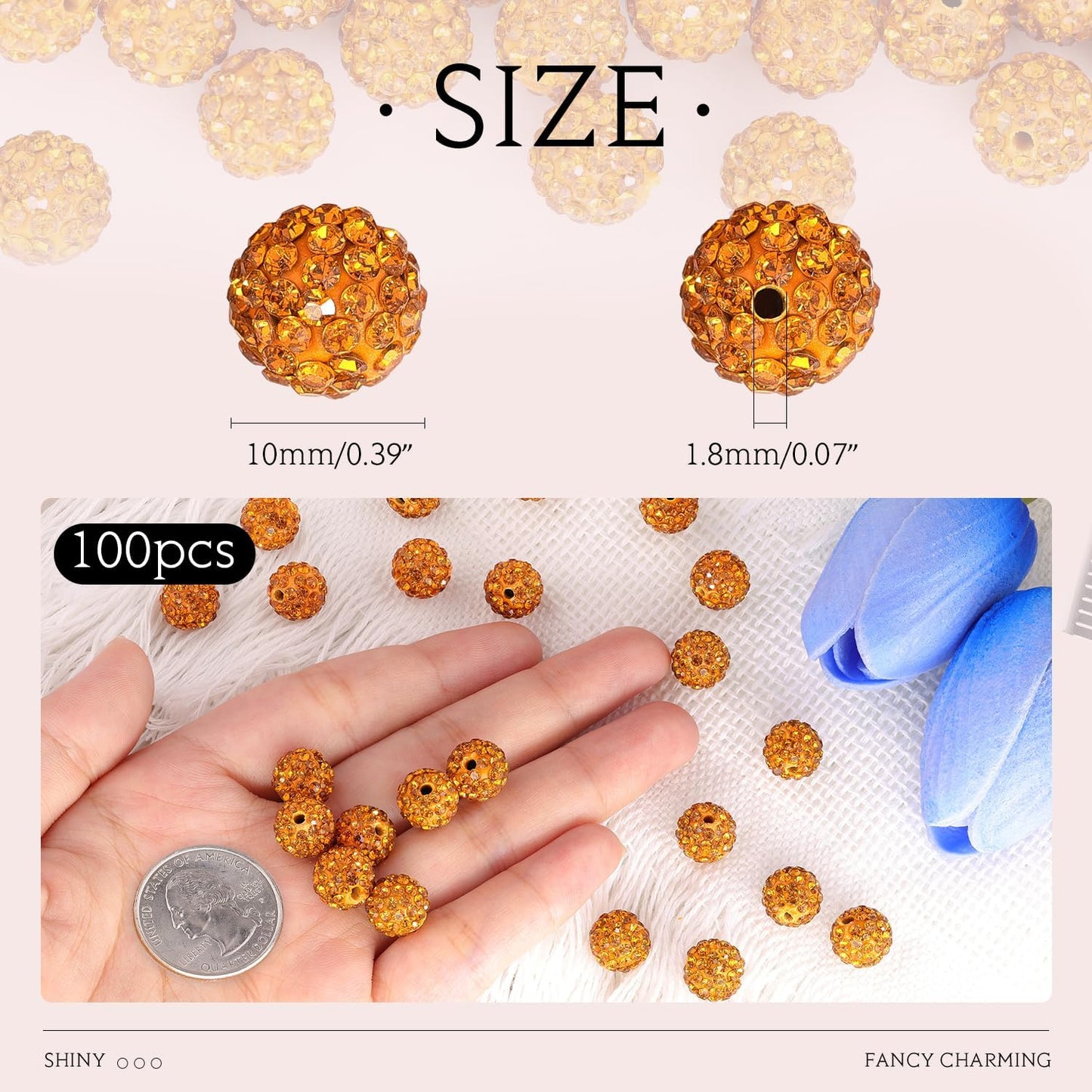 100 pcs 10mm Rhinestone Beads for Jewelry Making, Golden Shiny Round Shamballa Disco Beads Bulk, Sparkle Crystal Clay Christmas for Bracelet Baseball Necklace Earring Crafting and DIY