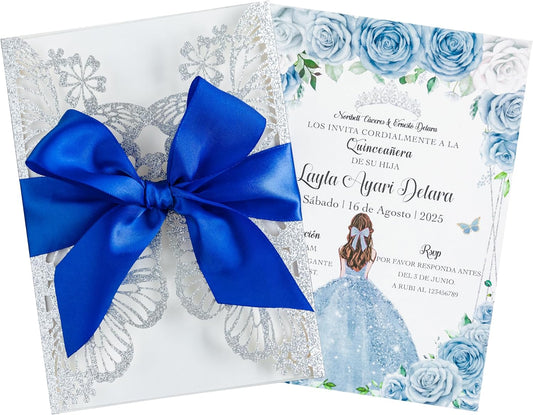 20 PCS 5.12x7.2 Butterfly Quinceanera Invitation, Laser Cut Wedding Invitation Cards with Envelopes for XV Anos Bridal Shower Baby Shower Invite (Silver Glitter)