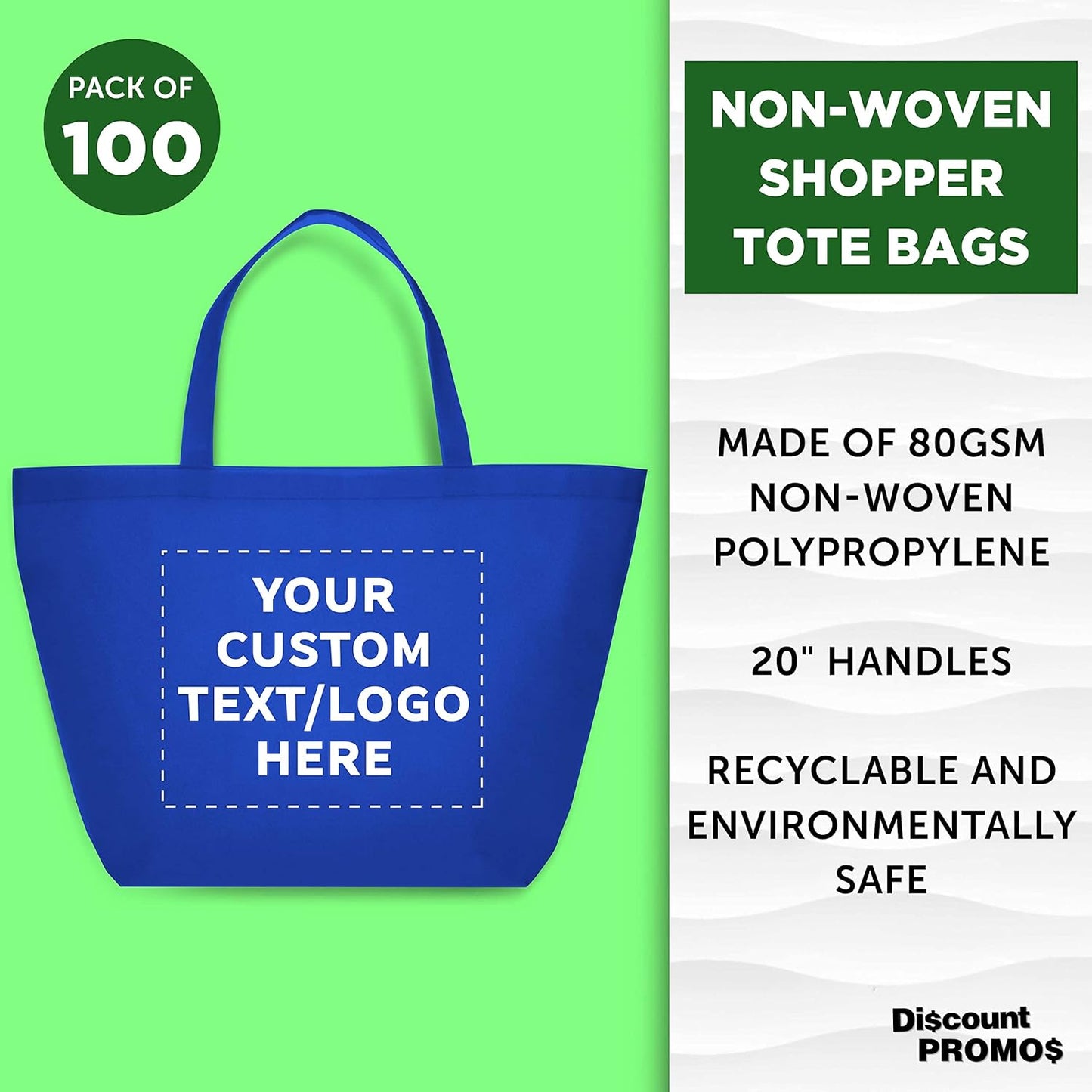 DISCOUNT PROMOS Custom Southern Style Grocery Tote Bags Set of 100 - Personalized Bulk Pack, Reusable Grocery & Shopping Bags - Great for Travel, Carry on Bag, Business Promotions - Blue - 20"X13"X8"