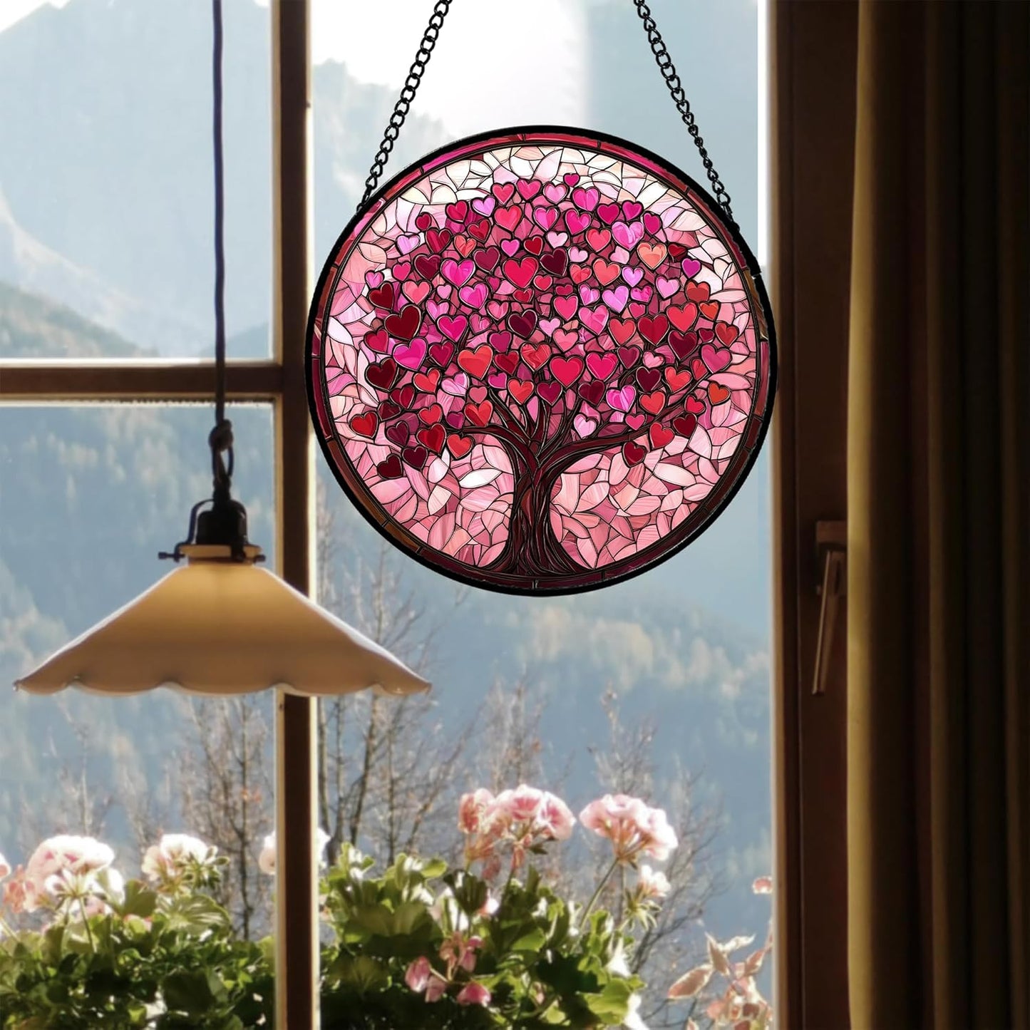 Stained Glass Window Hanging - DASTOLL, Birthday Gifts for Women Men Mom Dad, Pink Love Tree Suncatcher for Doors Window Home Sun Catchers Decor 6.3 in