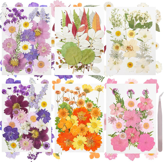 120Pcs Dried Pressed Flowers for Resin Mould Dry Flower Real Leaves Bulk with Tweezers Natural Herbs Kit for Scrapbooking DIY Art Crafts Candle Jewelry Making Nails Floral Decoration (Delicate Color)