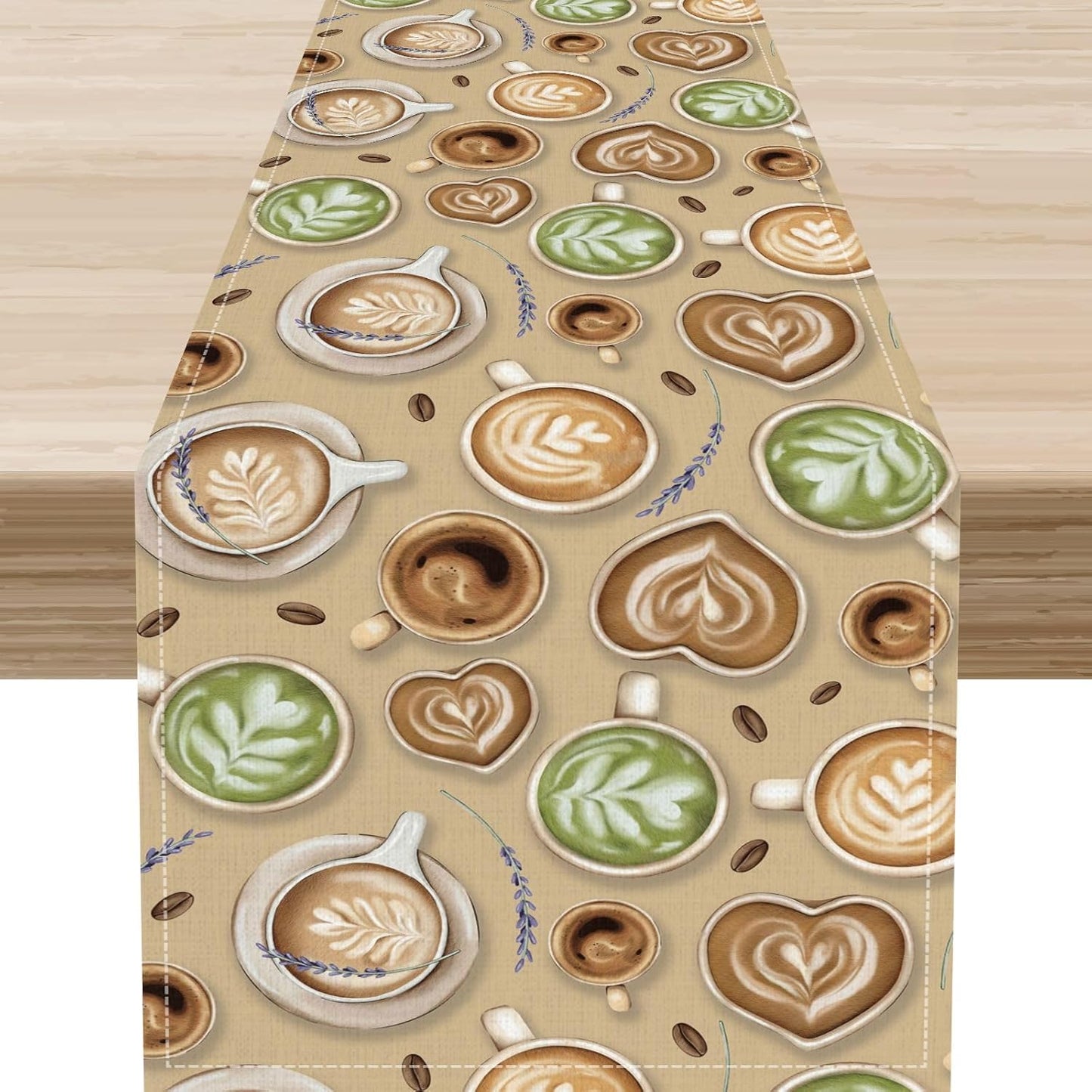 Coffee Theme Table Runner, Farmhouse Retro Brown Coffee Cup Tea Party Rustic Cafe Table Center Decor for Home Kitchen Dining Patio Holiday Party Indoor Outdoor Table Decorations,13"x90" Inch
