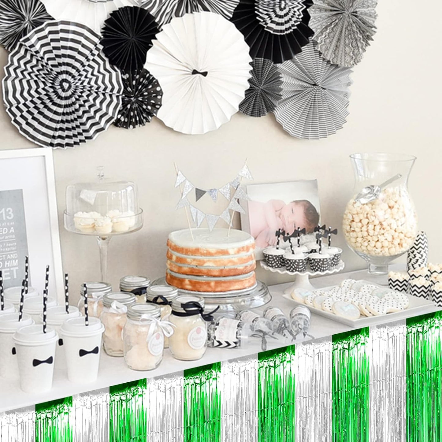 6 Pack 29x108 Inch Silver Green Metallic Foil Fringe Tinsel Table Skirts for Rectangle Tables Streamer Curtains Backdrop for Birthday, Parade Floats, Mardi Gras, St Patrick Day Party Decoration