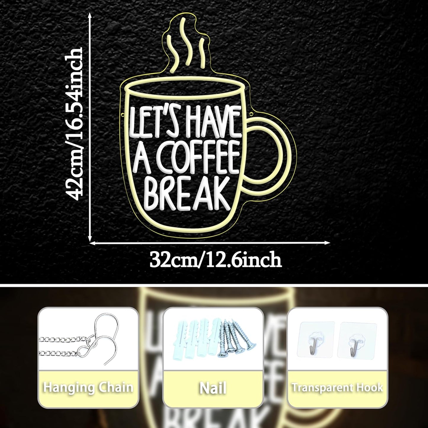 Let’s Have A Coffee Break Neon Sign,Dimmable Coffee Cup Led Light Up Sign for Living Room Bistro Party Kitchen(16.54 * 12.6In)