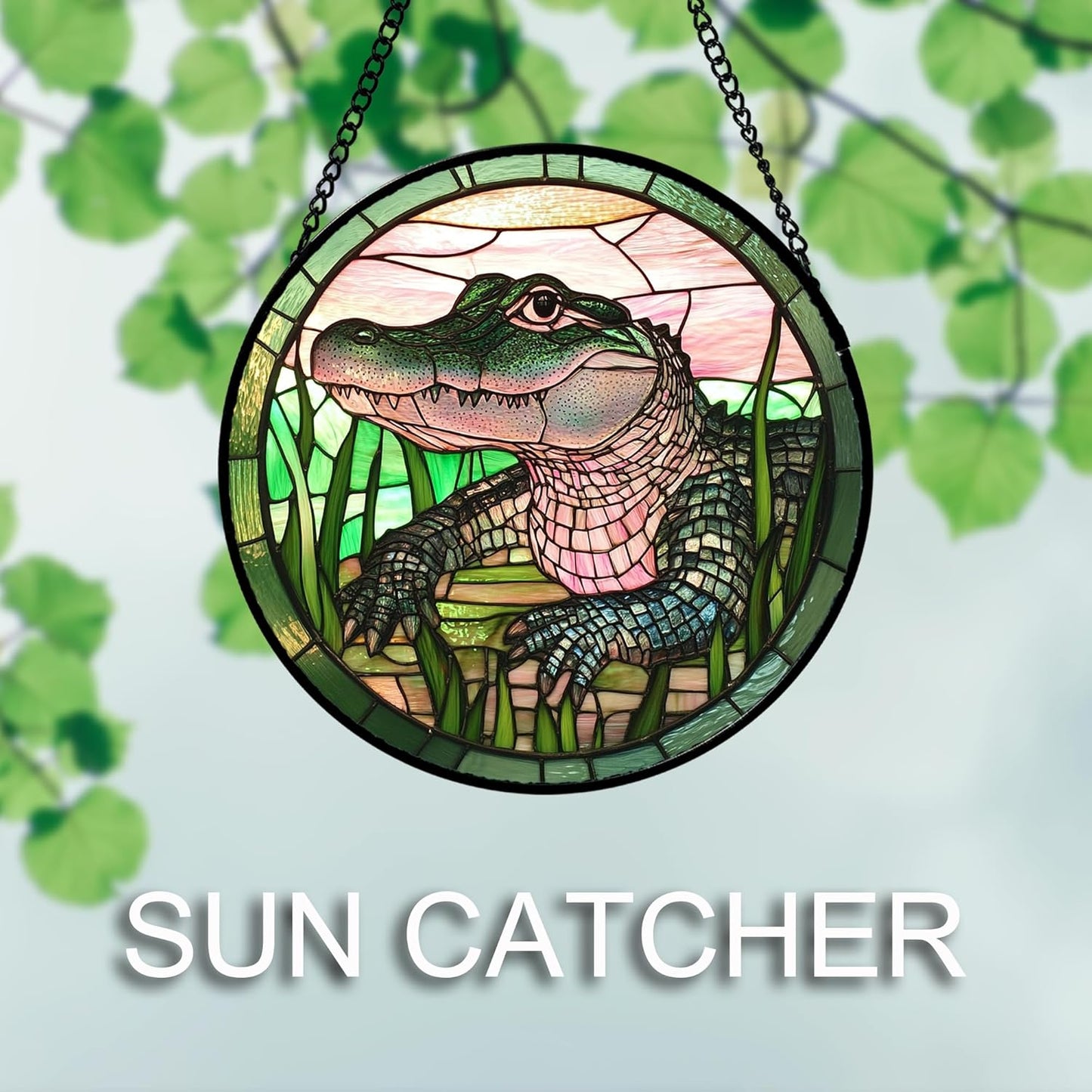 Stained Glass Window Hanging 4 Pcs Set Cute Animal Large 11.8"- Green Plant Pink Suncatcher Door Garden Sun Catcher Decor Birthday Christmas for Mom Woman Nana Men Friend