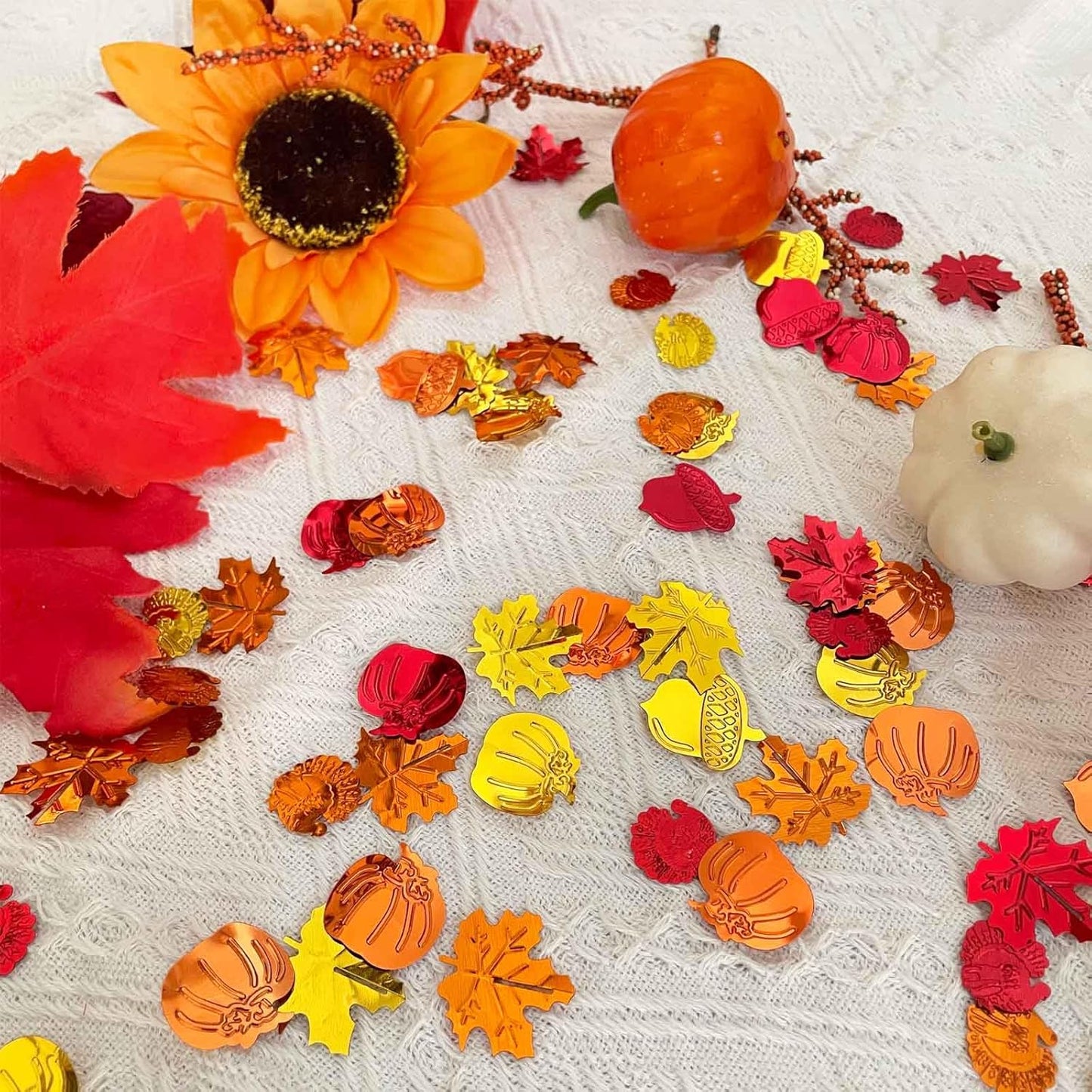 200 Pcs Fall Glitter Confetti - Autumn Foil, Thanksgiving Maple Leaves, Turkey, Pumpkin, Pinecones, Acorn Sprinkles for Table Decorations and Party Supplies 30g