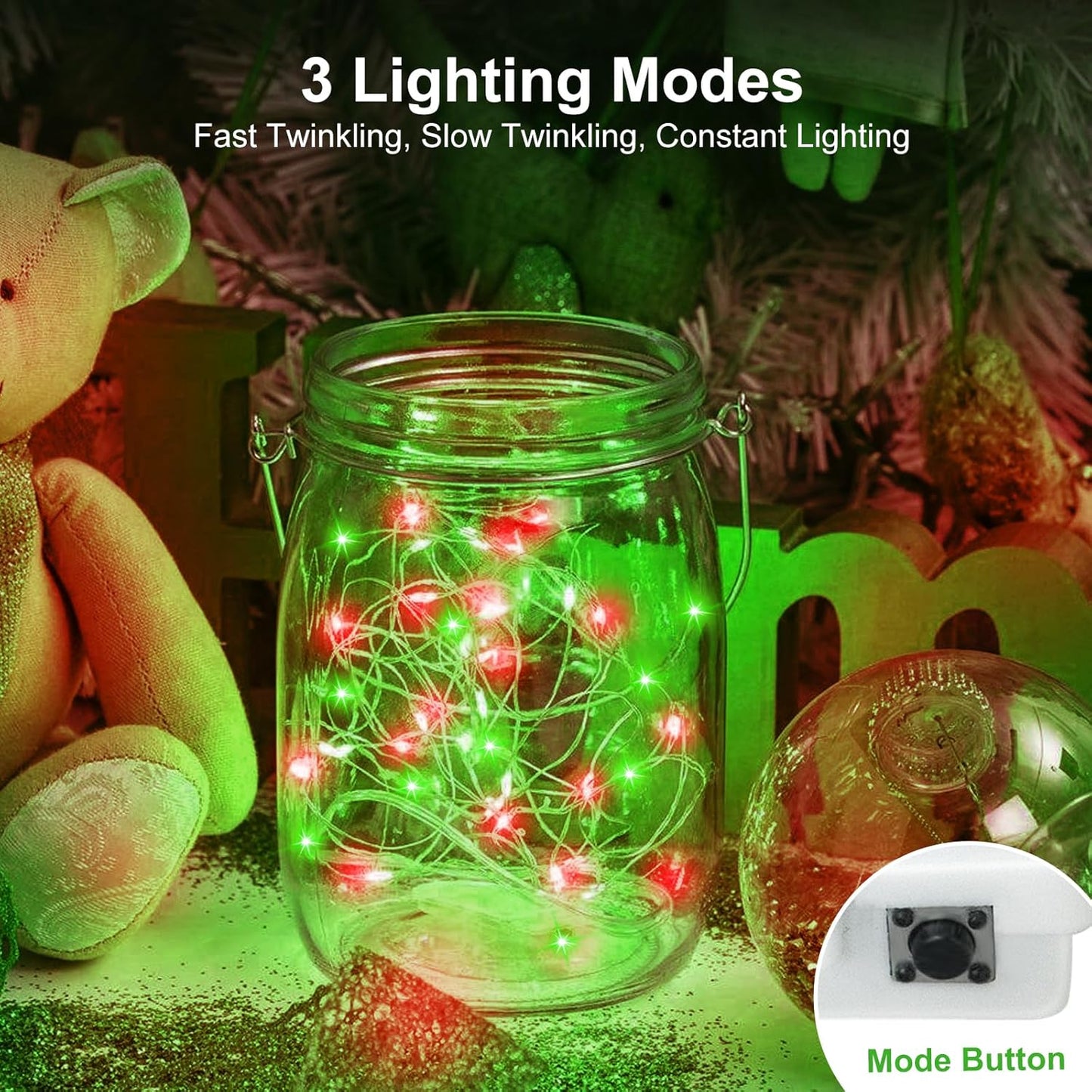 btfarm 12 Pack Fairy Lights Battery Operated [3 Modes], 7ft 20 Led Twinkle Lights String Lights Waterproof Bulk Small Mini Silver Wire for Christmas Mason Jars Wedding Table Centerpiece, Red Green
