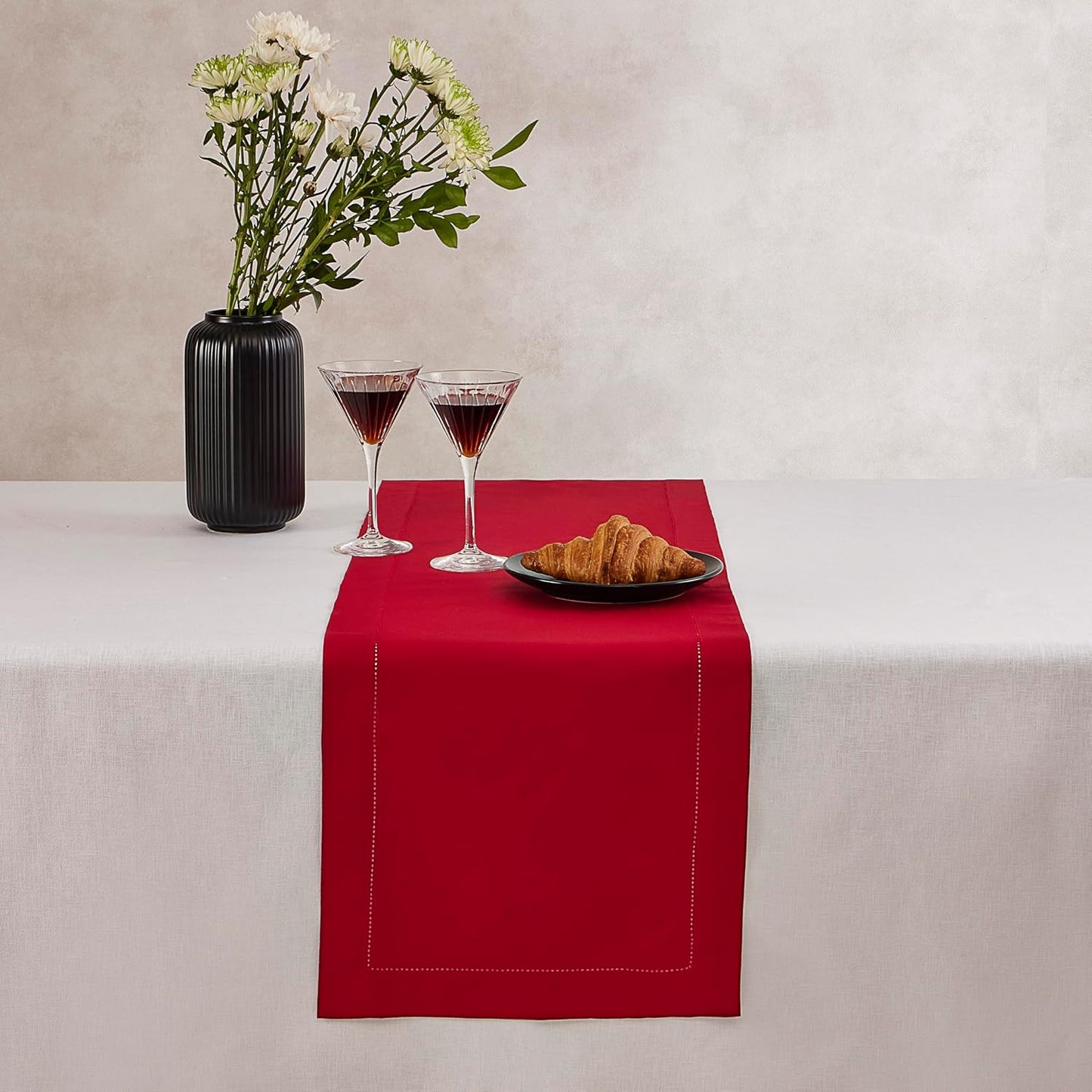 Red Table Runner 90 Inch – Cotton Linen Hemstitch Farmhouse Table Runner 14x90 –Washable Fabric for Dining, Fall, Halloween, Thanksgiving, Spring, Summer, Wedding, Everyday Décor – Serena