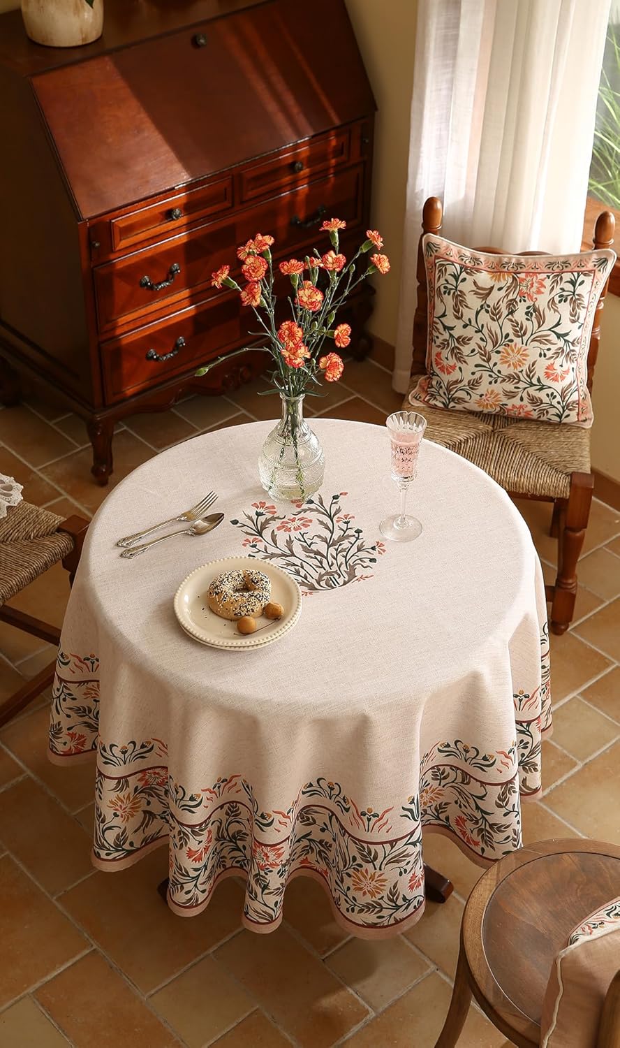 ISAENNE Floral Tablecloth for Round Tables,Linen Table Cloth with Double-Edged Lily Pattern,Heavy Durable Table Cover for Dining Thanksgiving Kitchen Decor Party Christmas,Diameter 67"