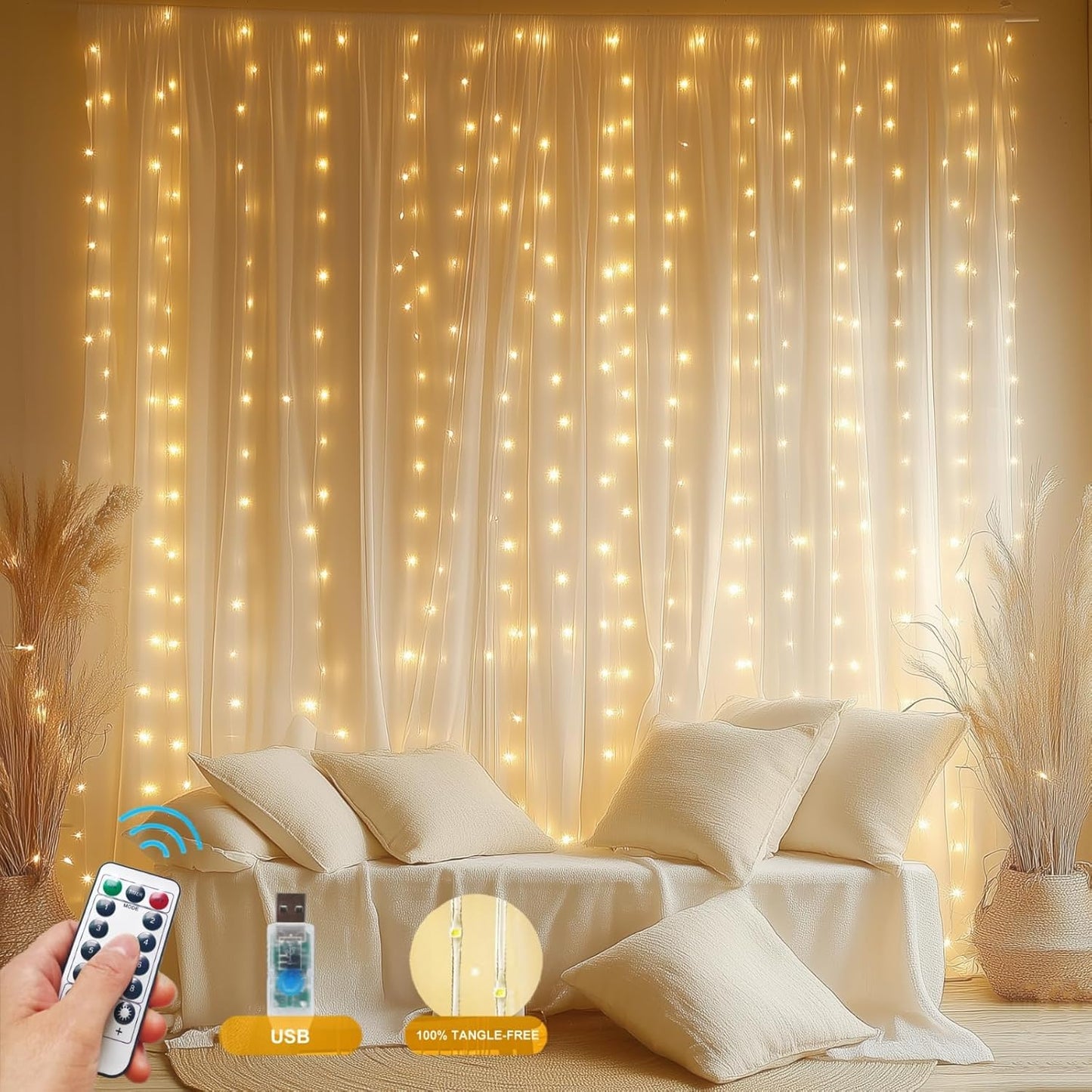 Fairy Curtain Lights Upgraded Tangle-Free Warm White USB Plug in 8 Modes String Hanging Lights with Remote for Christmas, Bedroom, Indoor, Outdoor, Weddings, Party (10FTx10FT)
