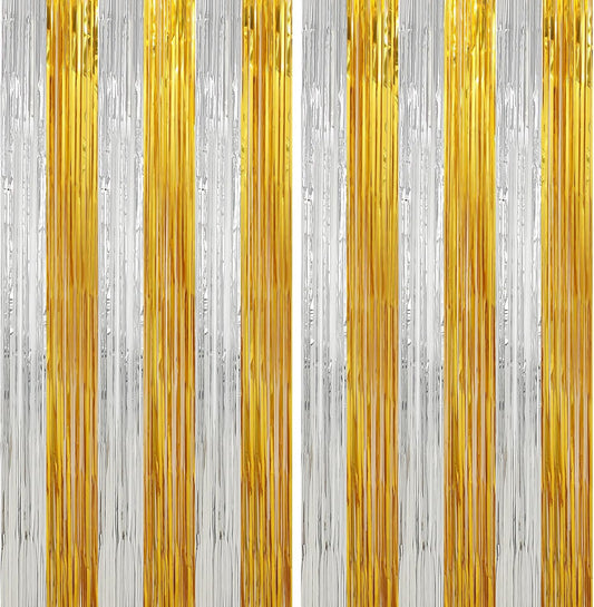 Crosize 2 Pack Foil Fringe Curtains Party Decorations, Gold Tinsel Curtain Backdrop for Parties, Door Streamers, Glitter Streamer Fringe Backdrop for Birthday Decoration (Gold and Silver, 2 Pack)