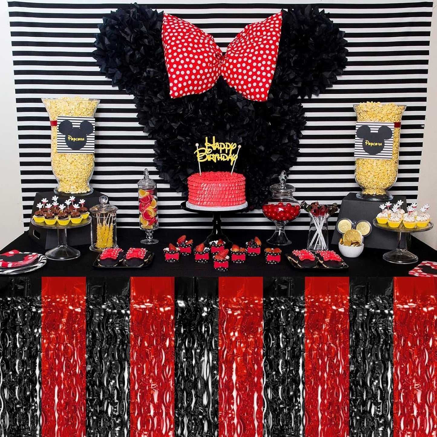 4P Wavy Metallic Tinsel Foil Fringe Table Skirts for Rectangle Tables Backdrop Garland Curtains for Parade Floats Wedding Birthday Parties Decoration Graduation 2025 Christmas (Black Red)