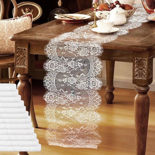 HAIBAS 12 Pcs White Lace Table Runners 14 x 120 Inch Boho Rose Embroidered Floral Vintage Rustic Table Decoration for Wedding Party Bridal Shower Decorations