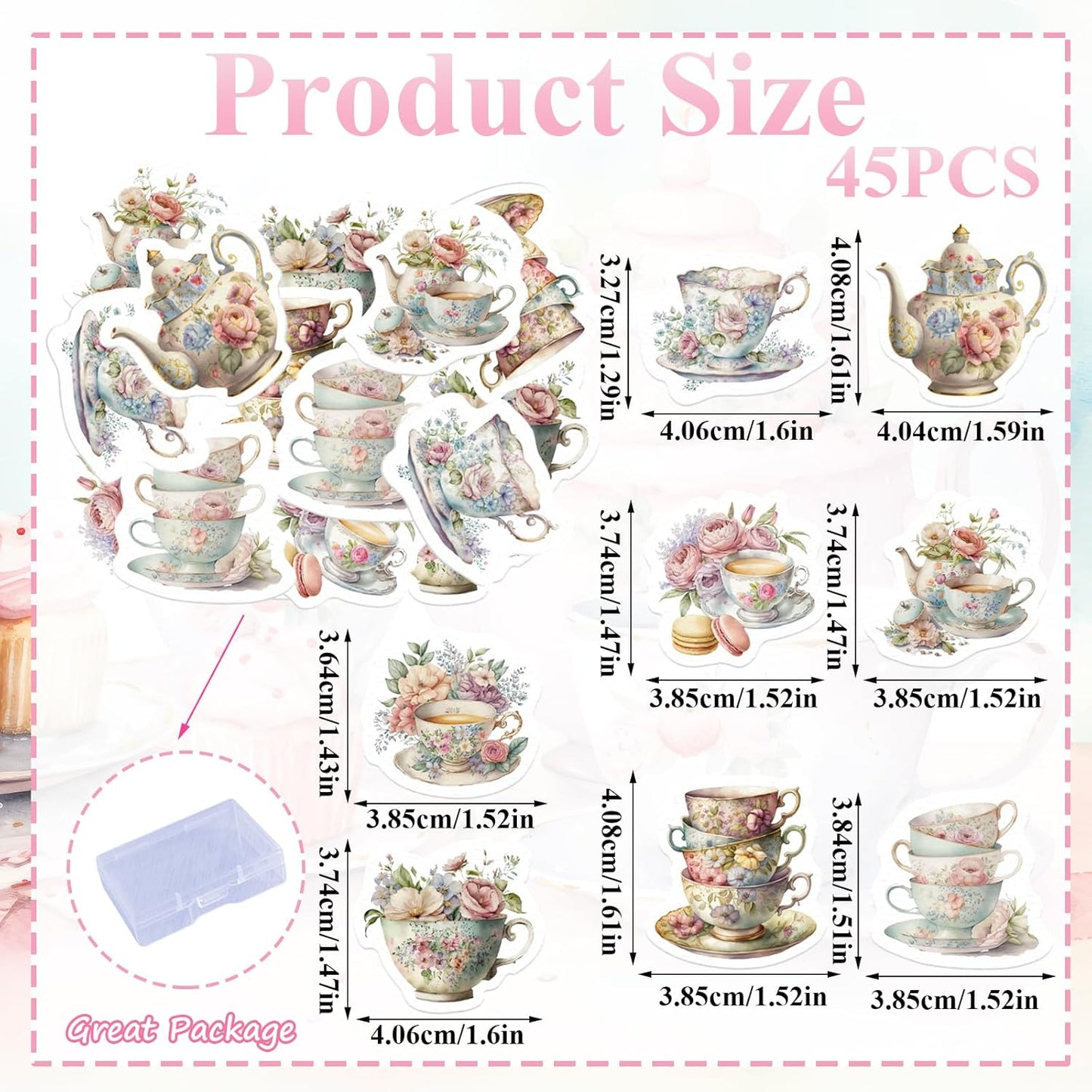 45PCS Edible Tea Party Cupcake Toppers Wafer Paper Teapot Teacup Cupcake Toppers Floral Tea Time Cake Picks Afternoon Tea Decorations for Tea Party Theme Baby Shower Decor Supplies