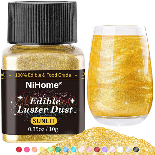 NiHome Edible Food-Grade Glitter Powder Glimmer Luster Dust Metallic Fancy Food Decorating Sprinkle Glimmery Dust for Drink Wine Beverage Cake Bakery Vegan Allergen-Free (Sunlit, 0.35oz/ 10g)