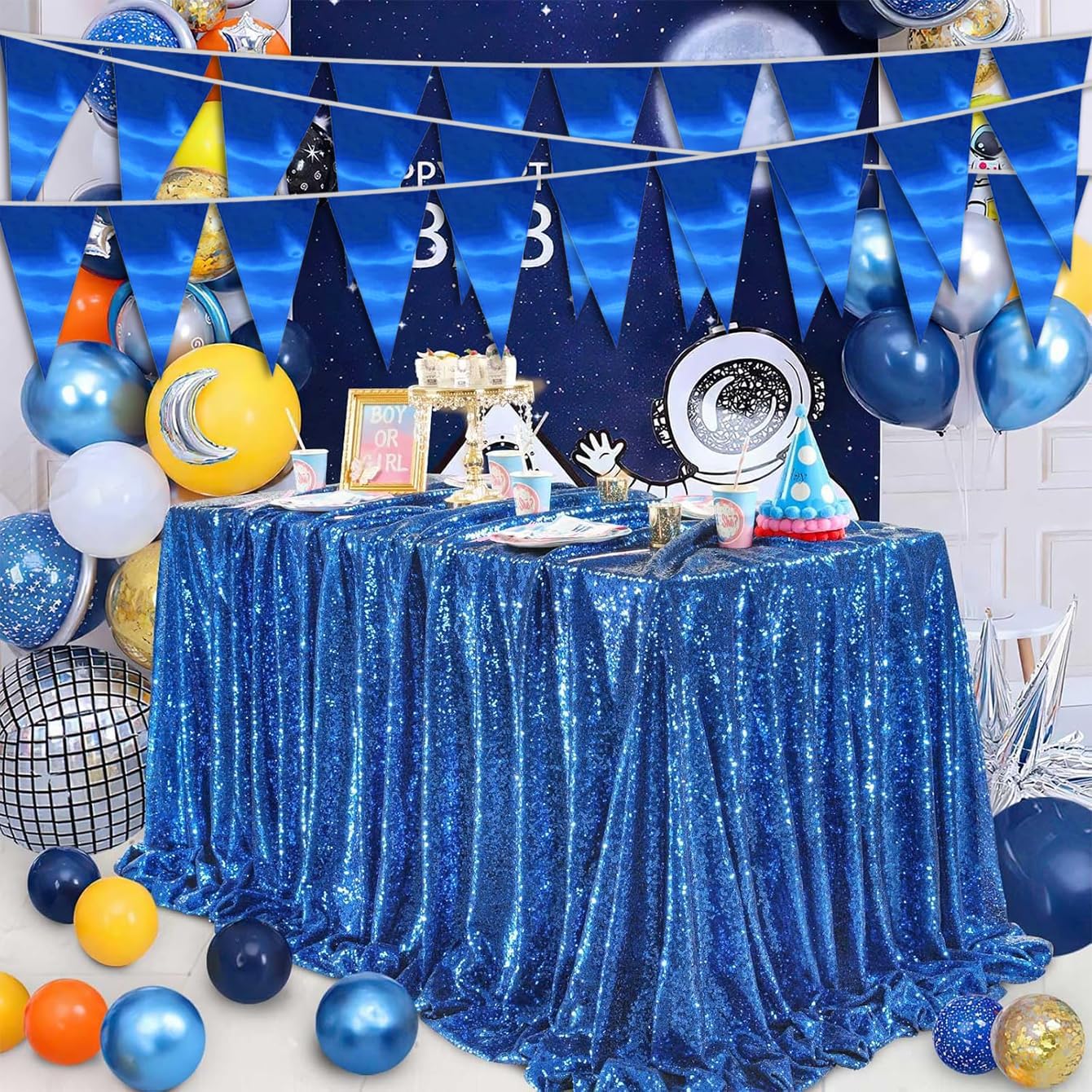 20M/65FT Blue Triangle Pennant Banner Flag Metallic Fabric Bunting Garland for Christmas Graduation Wedding Engagement Anniversary Bachelorette Birthday Bridal Shower Valentines Hen Party Supplies