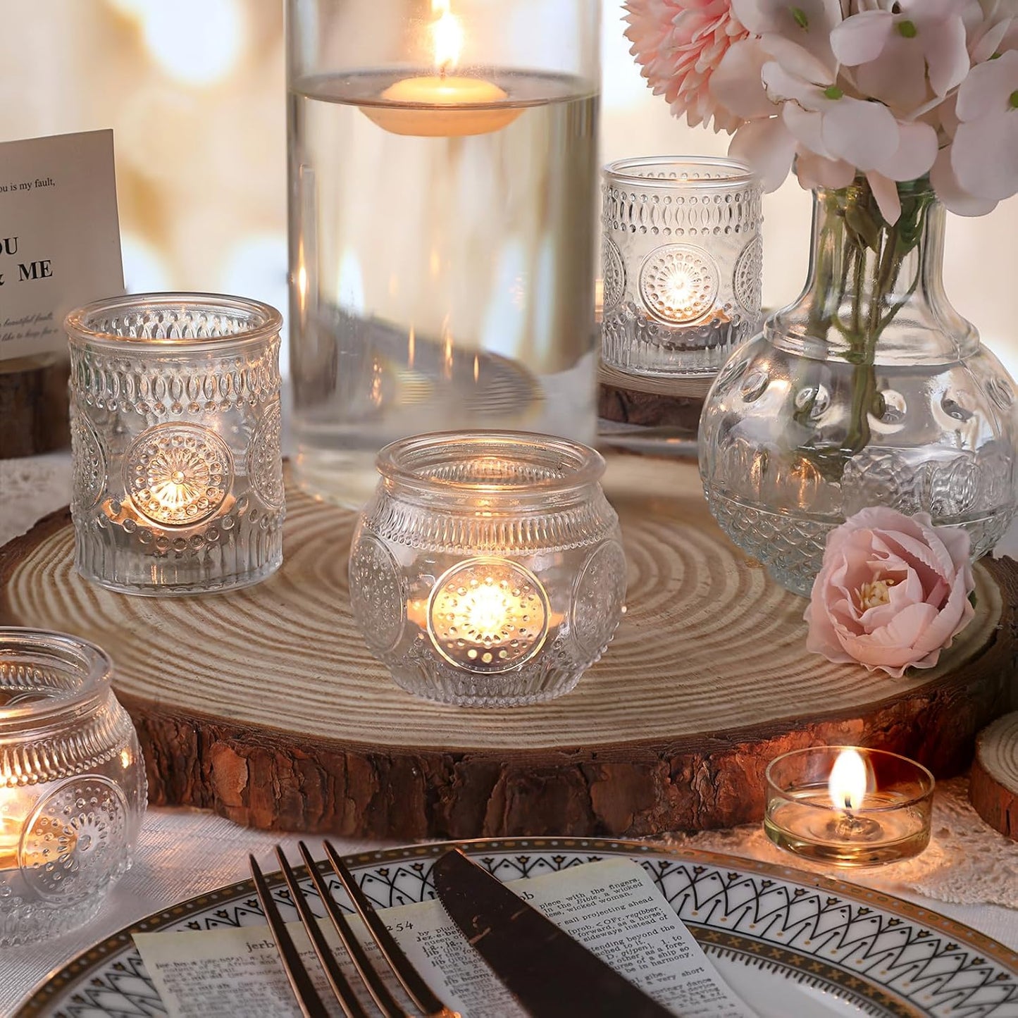 DARJEN 12Pcs Clear Votive Candle Holders - Glass Tea Light Candle Holder, Clear Votives, Embossed Candle Votives for Wedding Centerpiece & Home Decoration