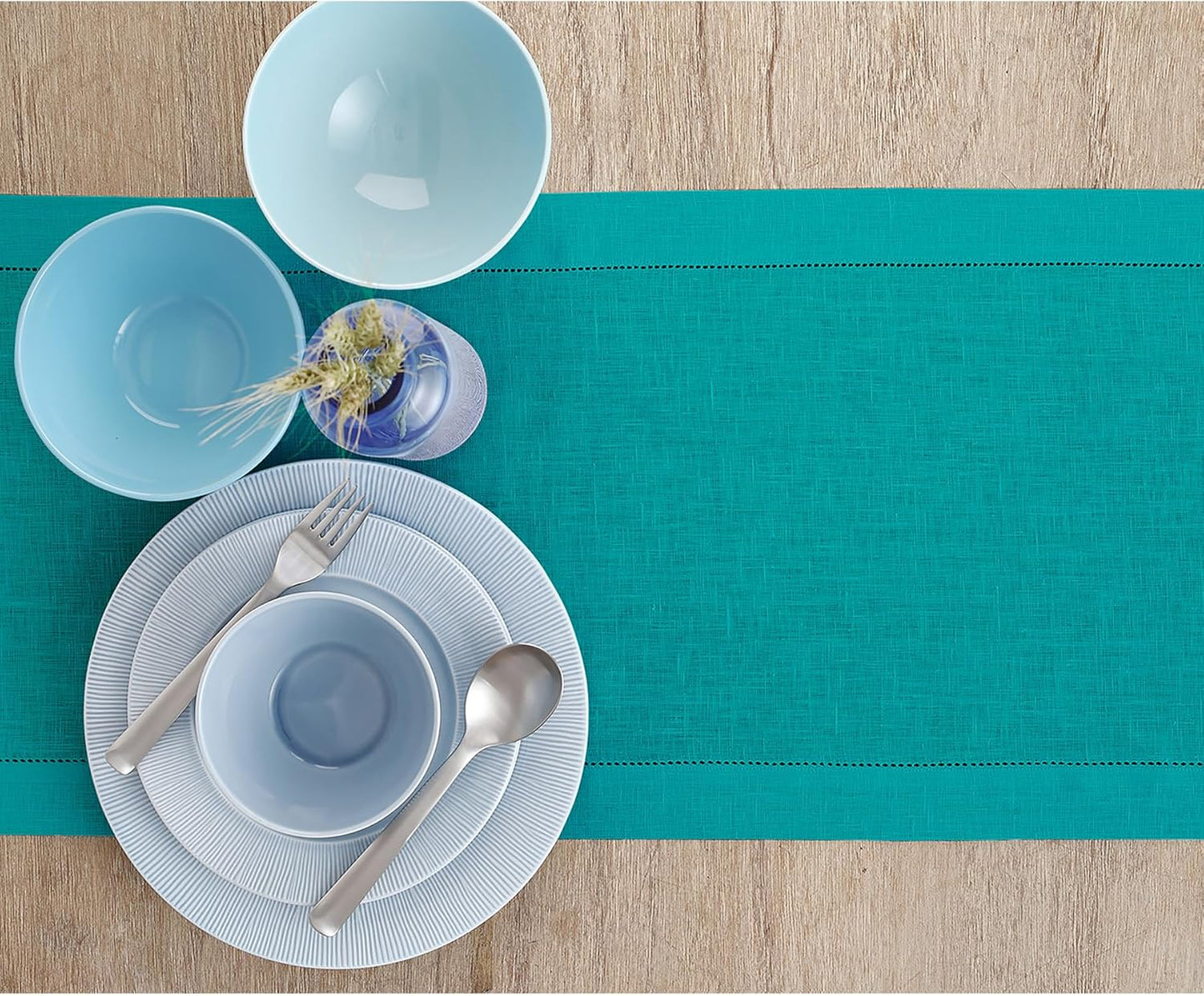 Solino Home Linen Table Runner 120 Inches Long - 100% Pure Linen Teal Table Runner 14 x 120 Inch for Fall, Autumn, Thanksgiving, Christmas - Classic Hemstitch