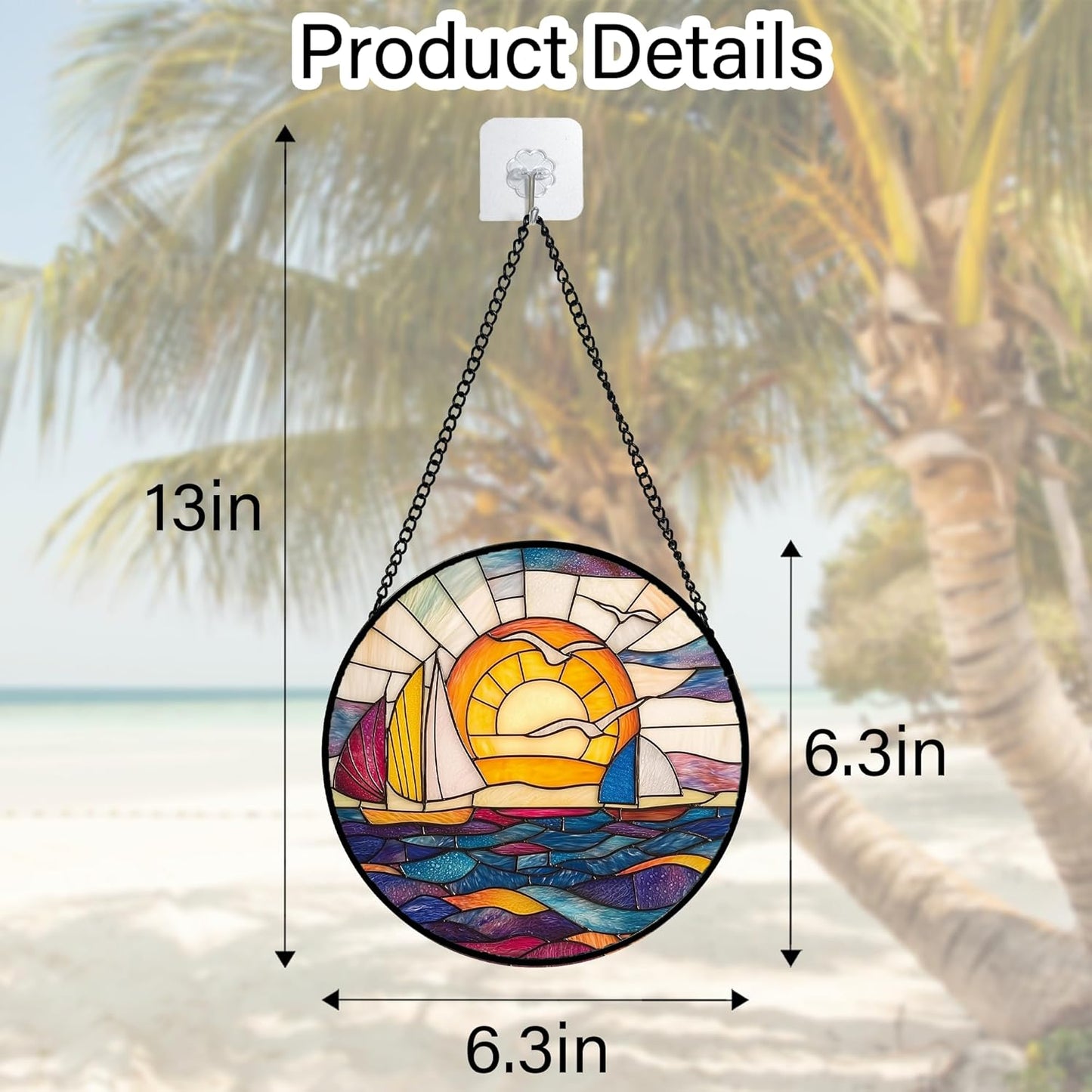 Stained Glass Window Hanging, Sailboat and Waves Suncatcher Diamond Glass Panel Hangings Sun Catchers Decor for Birthday for Women, Men, Wife, Aunt, and Mom 6.3 in