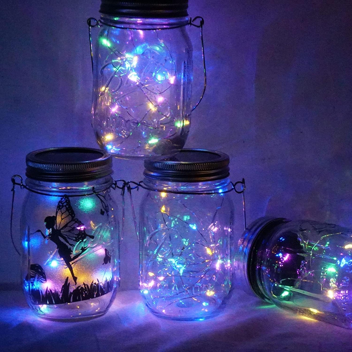 Solar Mason Jar Lid String Lights, 8 Pack 20 Led String Fairy Star Firefly Jar Lids Lights with 8 Hangers Included, for Patio Garden Wedding Lantern (Multi-Colored)