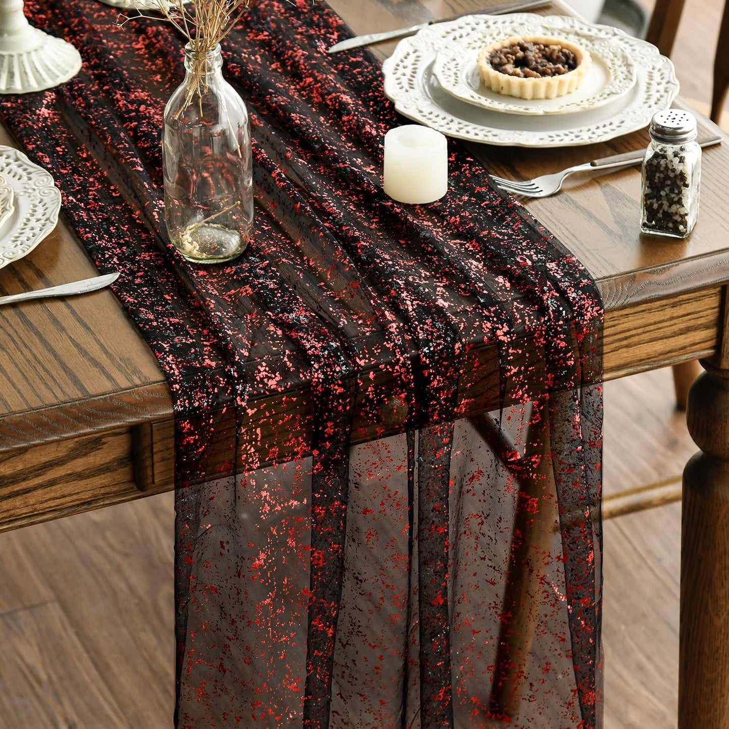 Artoid Mode Black Red Gold Gauze Table Runner 120 Inch 10FT, Glitter Metallic Foil Sheer Dining Wedding Anniversary Holiday Table Decor for Home Party