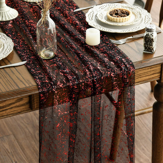 Artoid Mode 6PCS Black Red Gold Gauze Table Runner 120 Inch 10FT, Glitter Metallic Foil Sheer Dining Wedding Anniversary Holiday Table Decor for Home Party