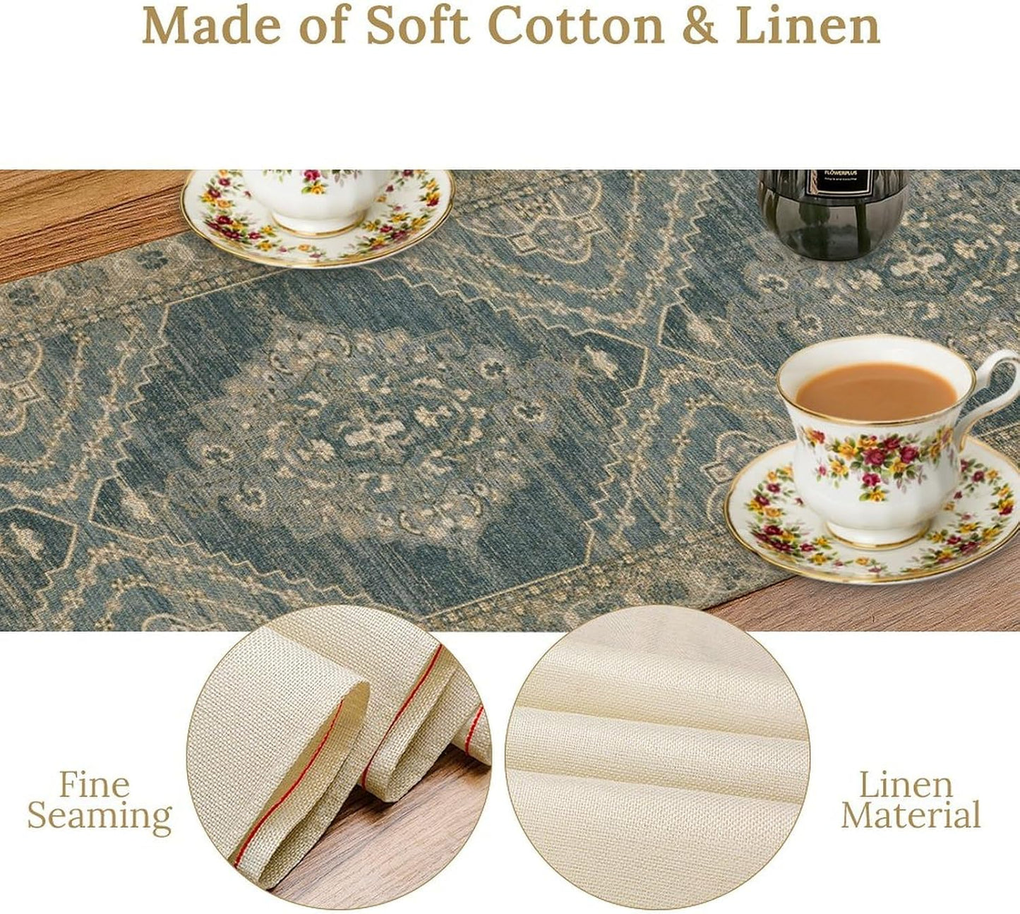 Boho Floral Vintage Table Runner, Blue Teal Retro Flower Rustic Country Farmhouse Pattern for Home Kitchen Table Decor Dining Coffee Room Party Decor 13x90in