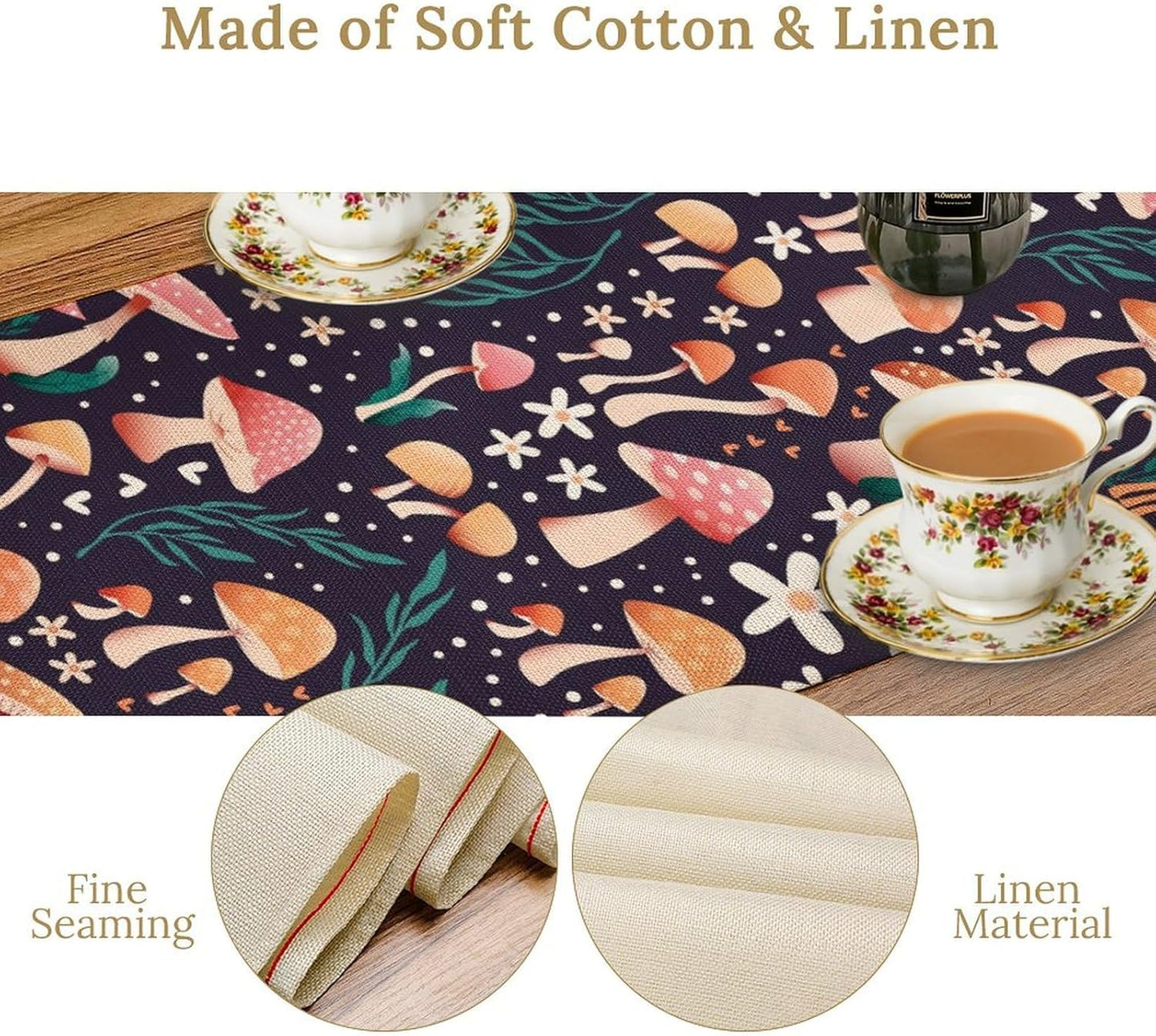 Mushroom Table Runner,Retro Forest Plant Table Cloth Farmhouse Kitchen Dining Table Decoration for Home Party Decor 13x60 Inch