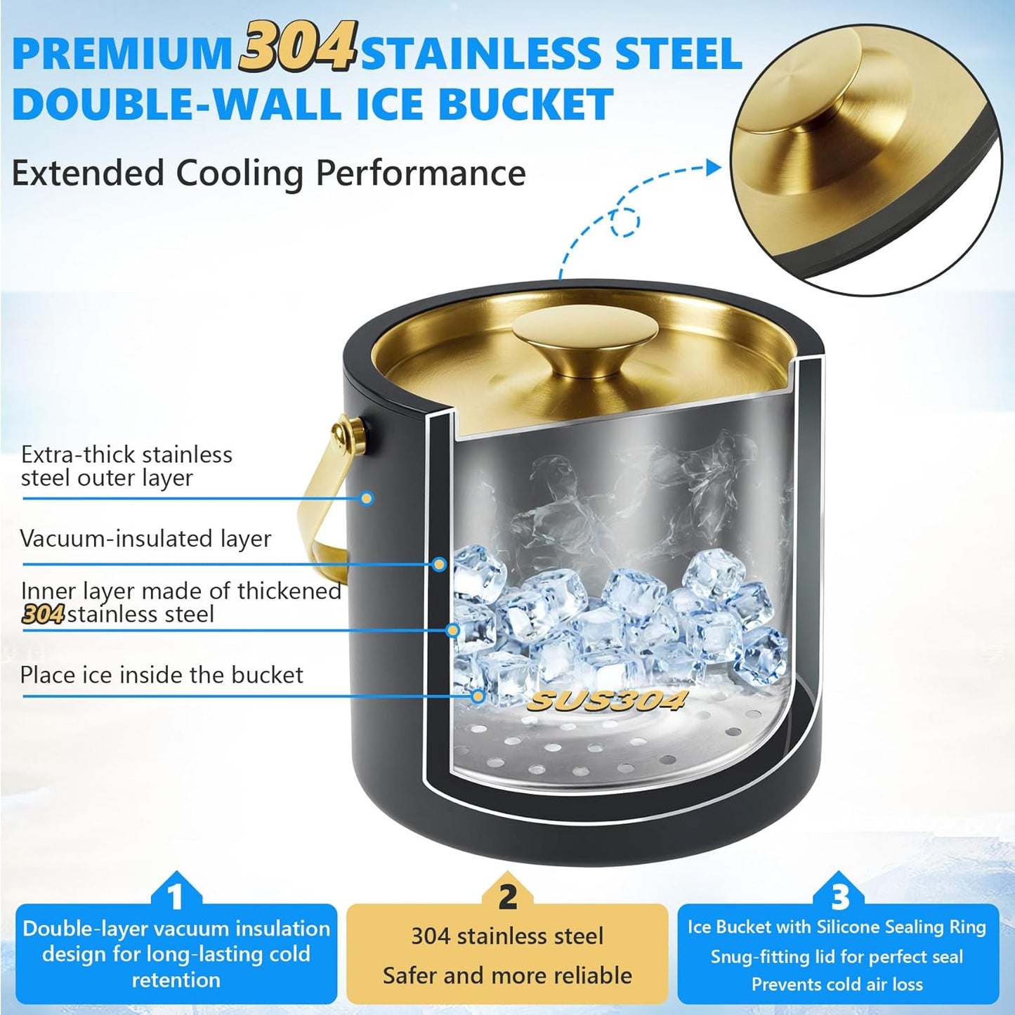 Ice Bucket, Ice Bucket with Silicone Sealing Ring Double-Wall Vacuum Insulation Champagne Buckets with Filter Layer Ice Tongs Ice Scoop (Black, 3 L)