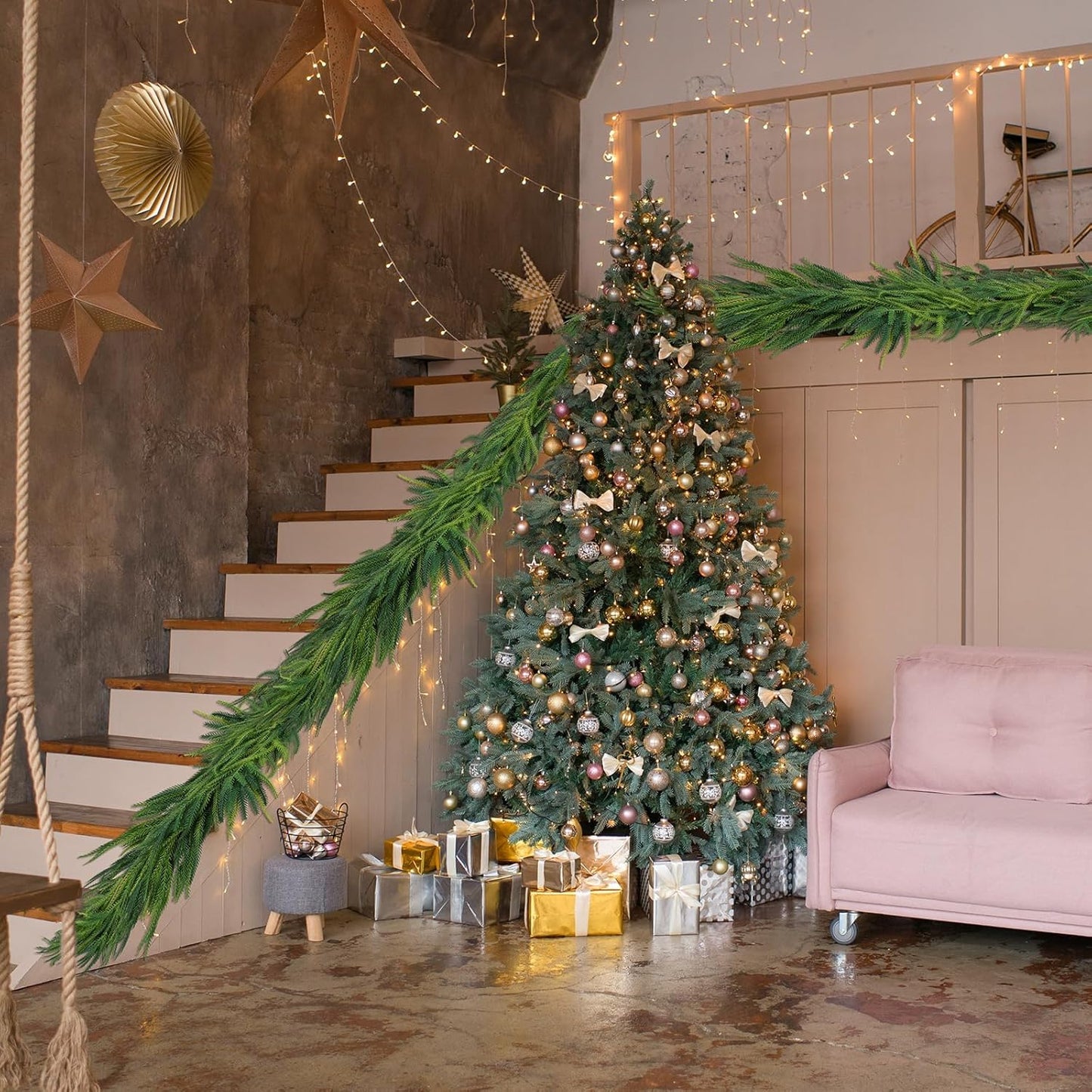 5 Pcs Artificial Norfolk Pine Garlands Christmas, 6 FT Dense Real Touch Winter Pine Garland Ornament, Green Artificial Greenery Garland for Table, Mantle, Wall, Indoor, Outdoor Christmas Decorations