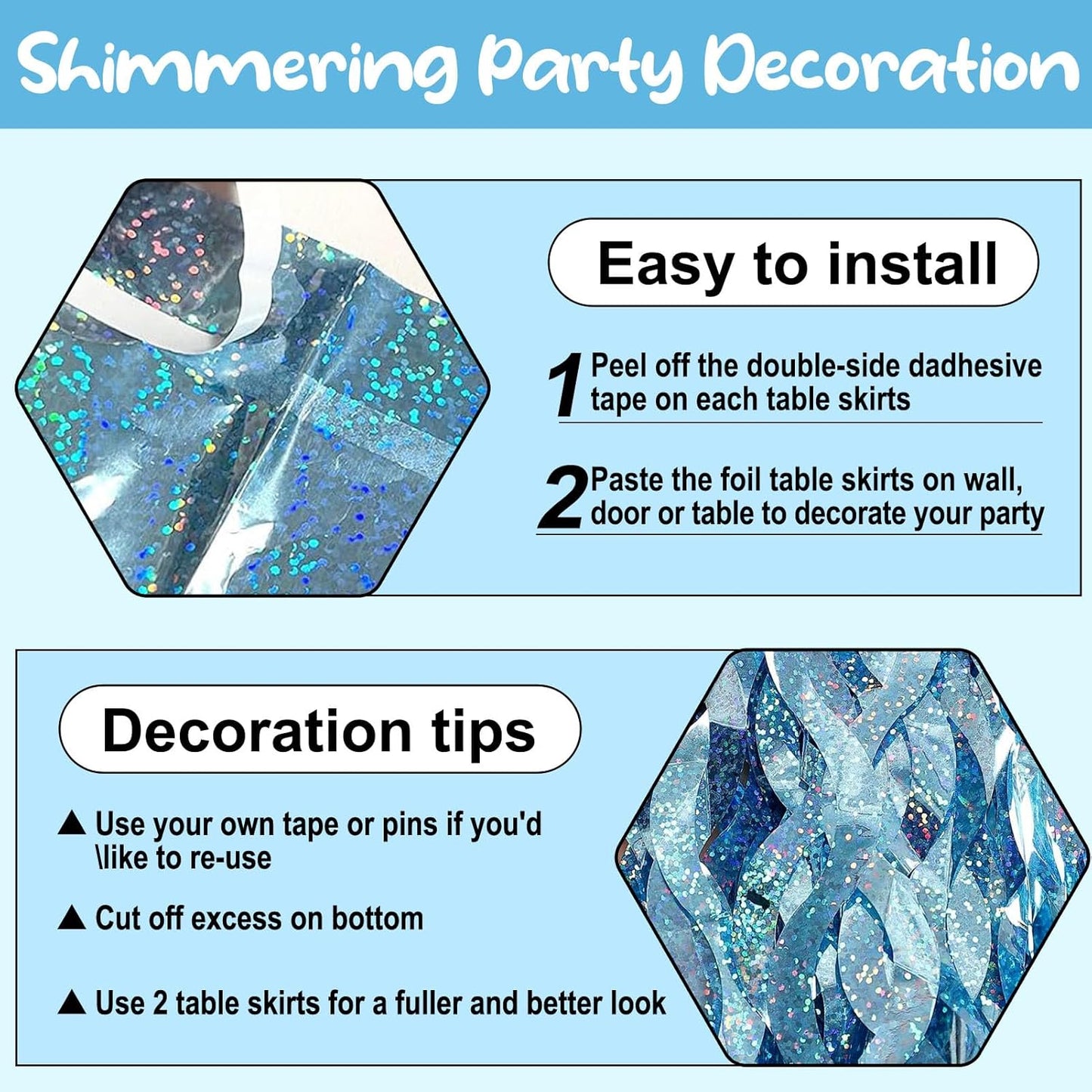 6Pack 29 x108 Inch Light Blue Wave Foil Fringe Table Skirts Metallic Banner for Tinsel Streamer Garland Backdrop for Parade Floats, Mother's Day, Easter, Graduate, Birthday, Wedding Party Decoration