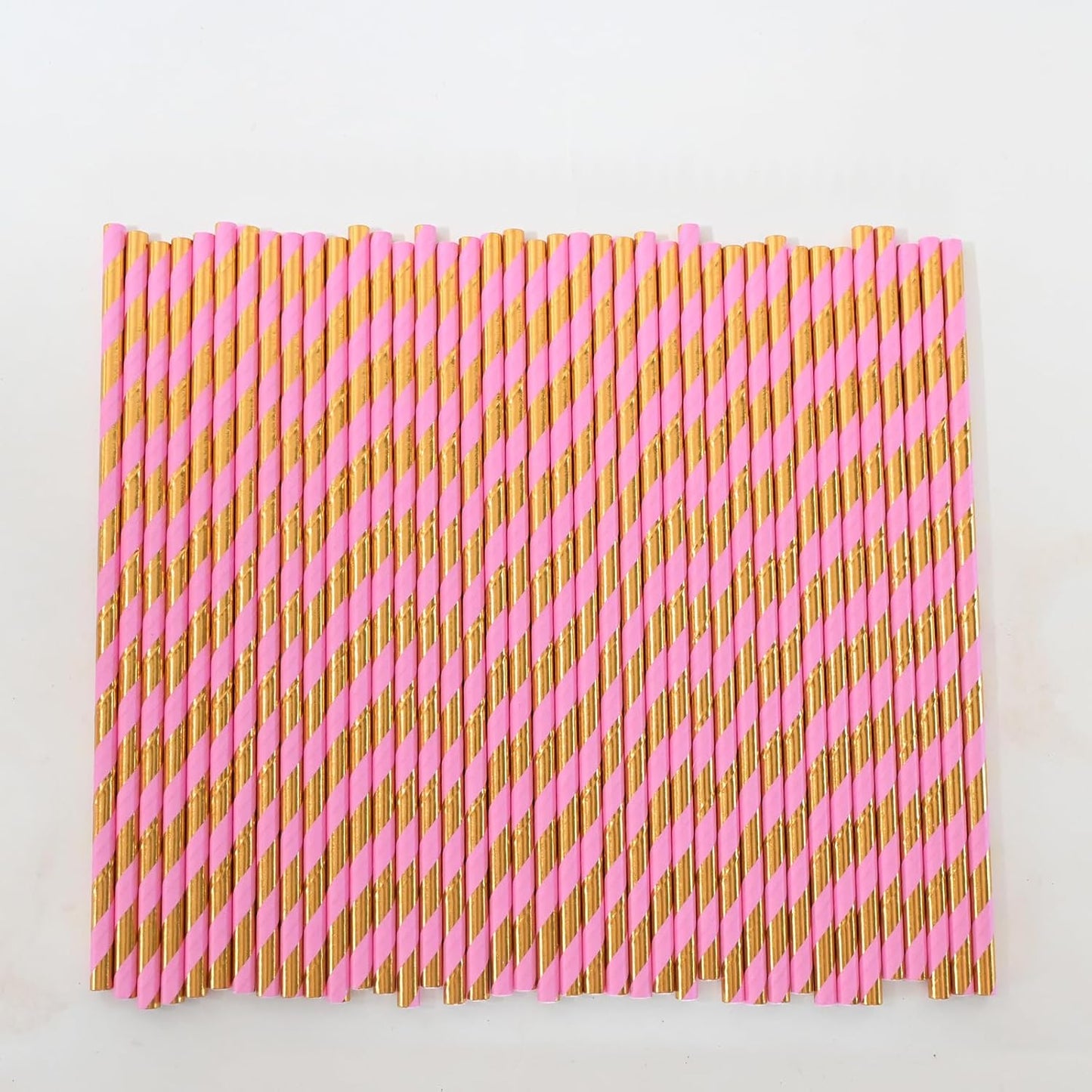 Paper Straws for drinking - Pink Gold Striped Biodegradable Disposable Paper Straws, 7.75 Inch, 100 Pieces