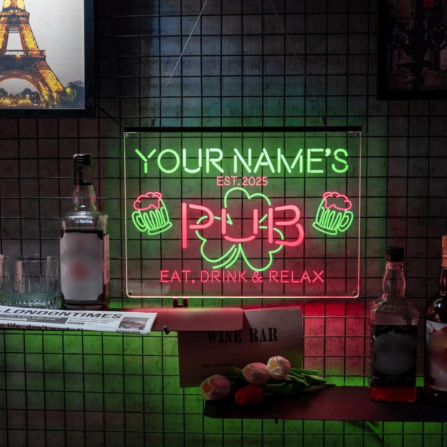 Personalized Bar Signs with Your Name for home wall light up with personalized pub name, man cave accessories, beer themed neon customizable lighted sign