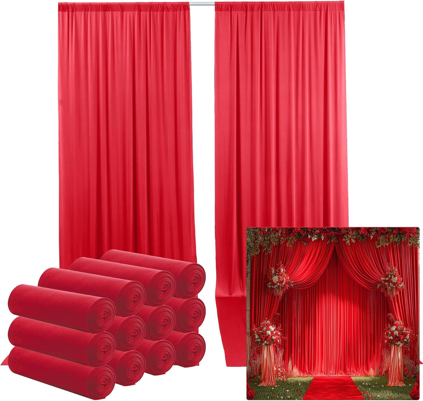 60ftx12ft Wrinkle Free Red Backdrop Curtain, 12 Panels 12FT Height Red Wedding Backdrop Drapes, Silky Polyester Back Drop Cloth for Birthday Photography Background Party Backdrop Draping