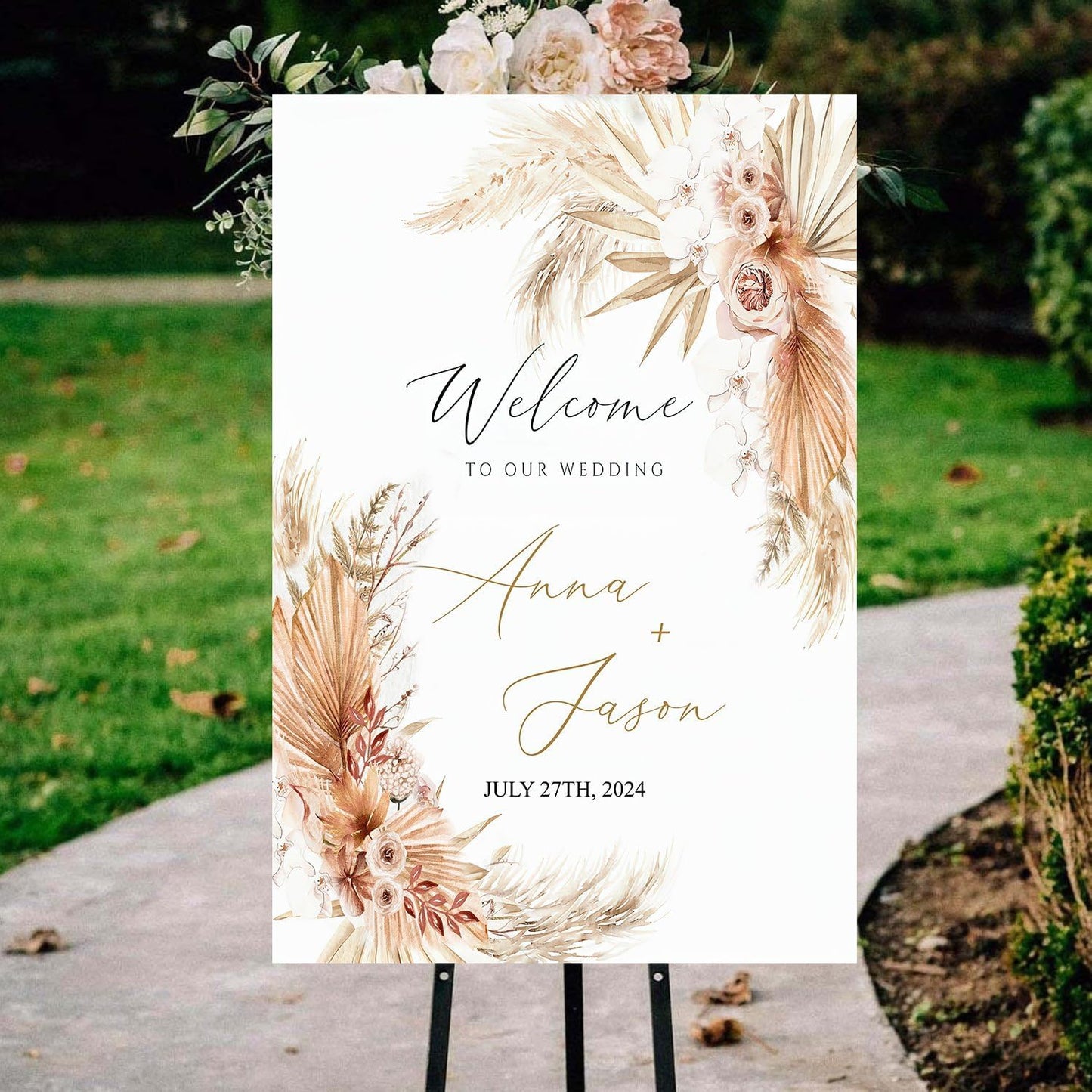 Personalized Pampas Grass Boho Wedding Welcome Sign, Custom Wedding Welcome Sign