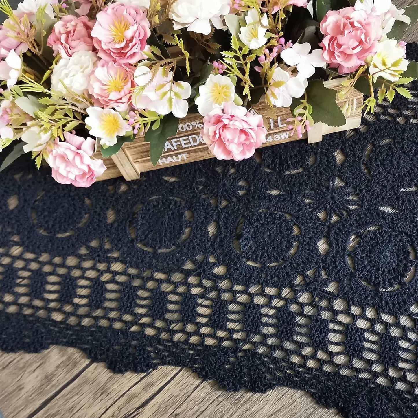 Phantomon Lace Table Runner Rectangular Table Cover Cloth Handmade Crochet Floral Placemats 100% Cotton (Floral Black, 15x39Inch)