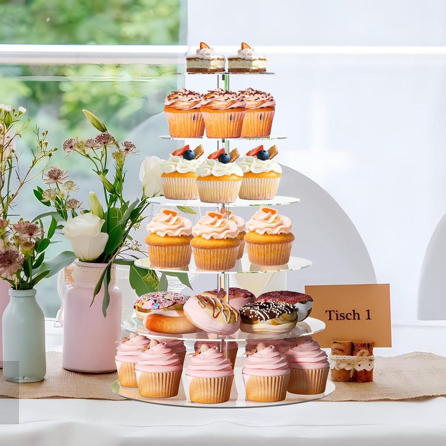 Cupcake Stand, 6 Tier Cupcake Stand for 50 Cupcakes, Round Acrylic Dessert Table Display, Clear Cupcake Tower Display for Party, Wedding, Graduation, Baby Shower