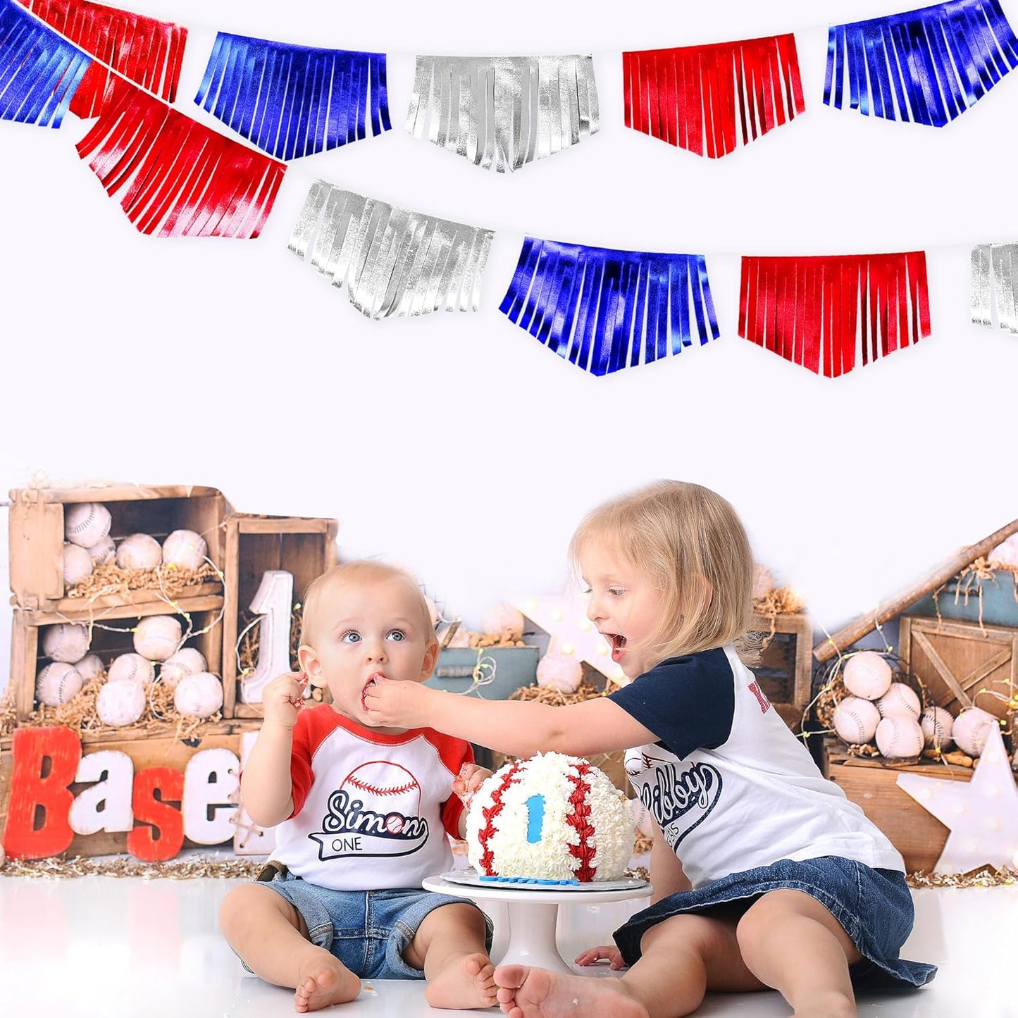 Blue Red Silver Tassel Banner Metallic Fabric Pennant Bunting Flag for 4th of July American USA National Day Patriotic Veterans Graduation Wedding Birthday Retirement Nautical Party Decorations