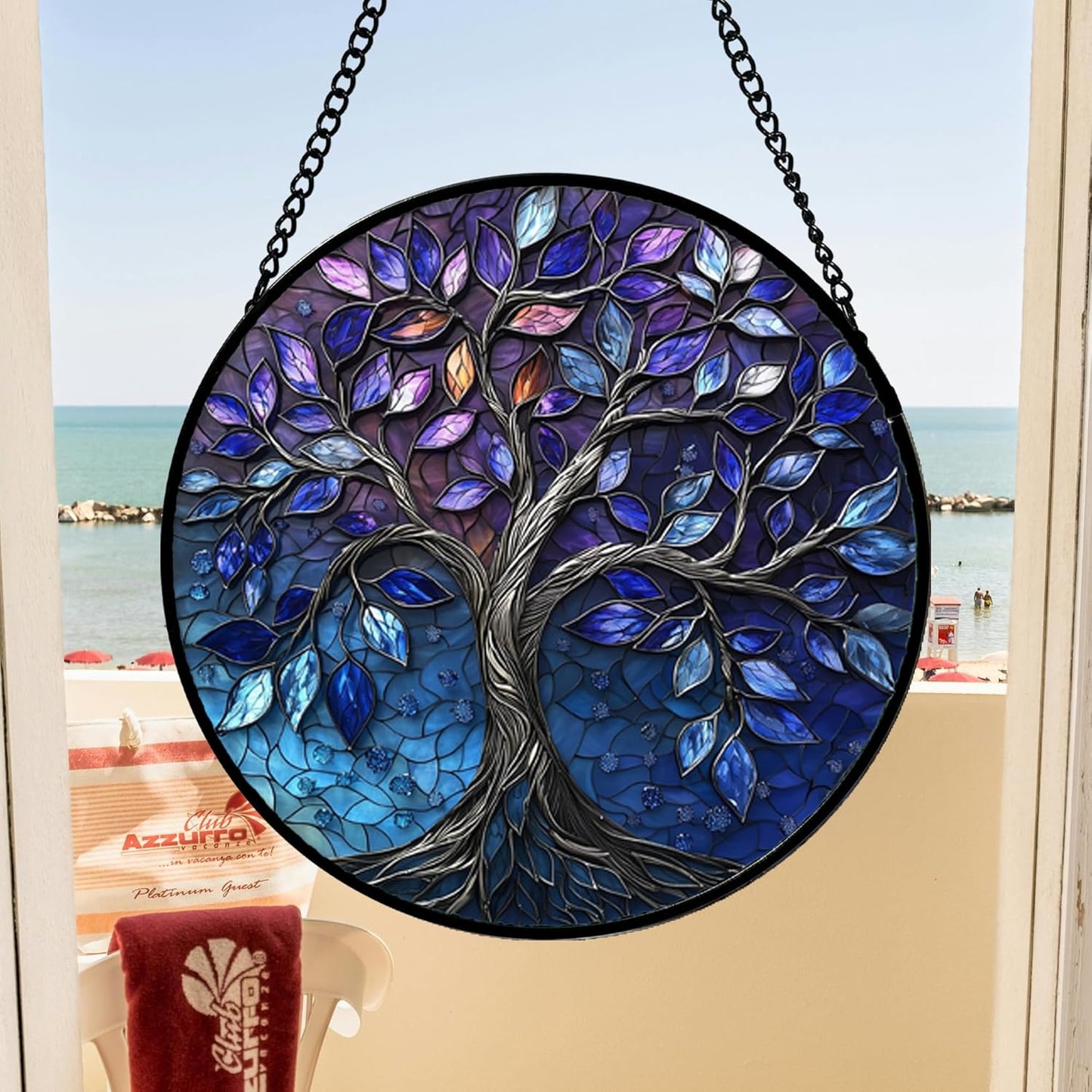 Stained Glass Window Hanging, Blue Purple Tree of Life Sun Catchers Colorful Glass Panel Plants Suncatcher Decor for Birthday for Women,Men,Wife, Lovers, and Mom 14.9x14.9 in