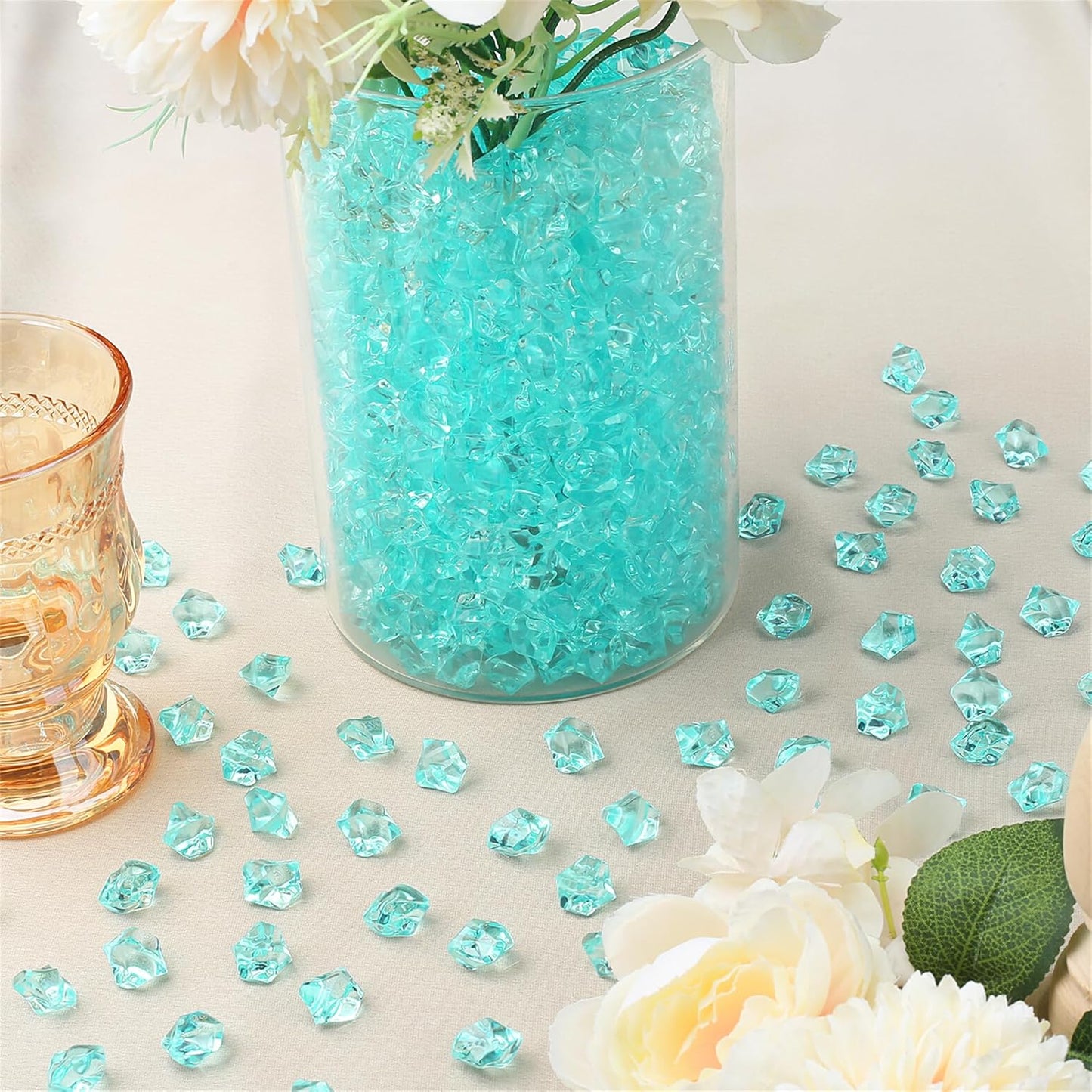 YATOJUZI 500pcs Fake Ice Cubes Teal Acrylic Crushed Rocks Vase Fillers Plastic Diamonds Gems for DIY Party Wedding Centerpiece Table Scatter Prop Display 0.5" (Only Teal)