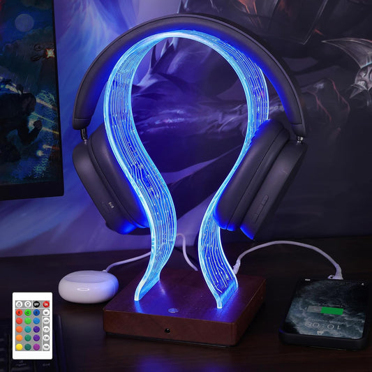 YuanDian RGB Headphone Stand with 16 Changing Colors, Wooden Headset Holder with 1 USB Charging Port and 1 Type-C Charging Port Touch Control with Remote, Gift for Gamers, Men, and Music Lovers
