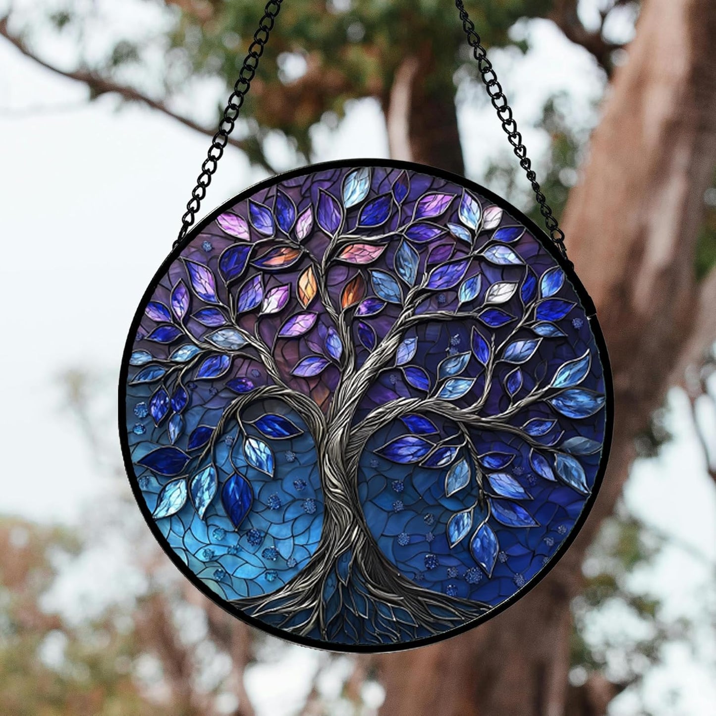 Stained Glass Window Hanging, Blue Purple Tree of Life Sun Catchers Colorful Glass Panel Plants Suncatcher Decor for Birthday for Women,Men,Wife, Lovers, and Mom 14.9x14.9 in