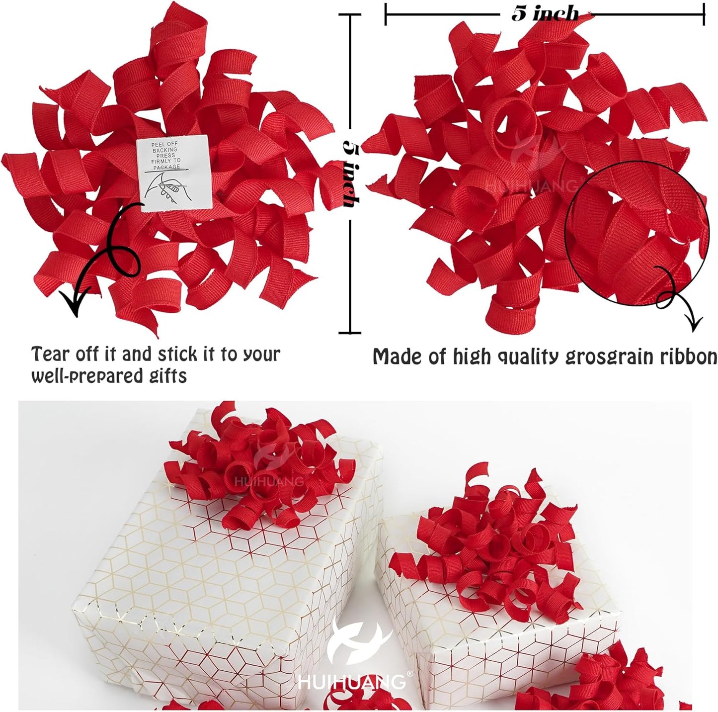 HUIHUANG Red Bows for Gift Wrapping, Red Curly Ribbon Bows Self Adhesive Burst Gift Bow for Christmas Presents, Wine Bottle, Treat Bags, Valentine's Day, Wedding Party Favor - 6 Counts