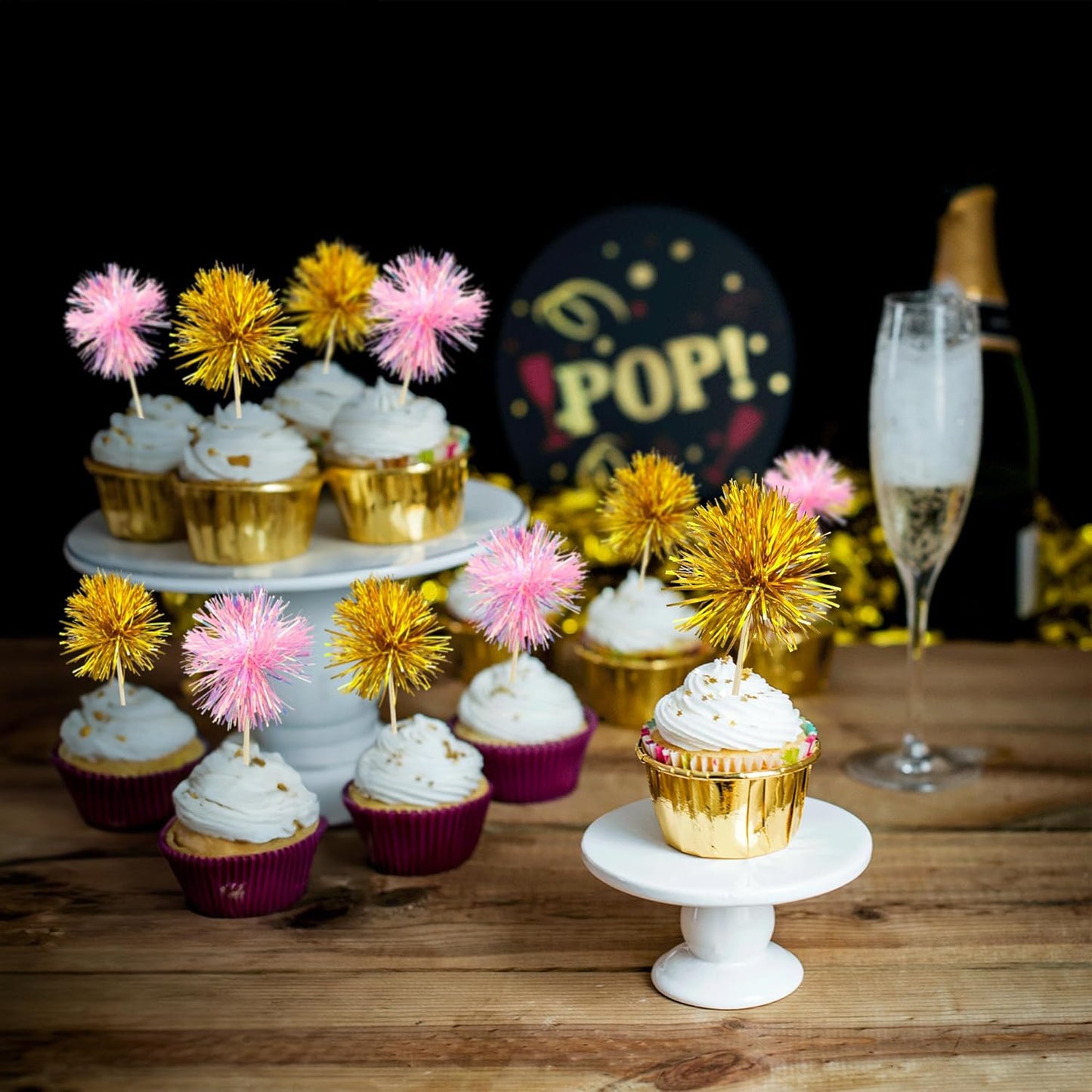 Gyufise 30Pcs Foil Firework Cupcake Toppers Sparkle Tinsel Cake Toppers Tinsel Drink Cake Decoration Cocktail Picks for Birthday Wedding Graduation Party Supplies Gold Pink