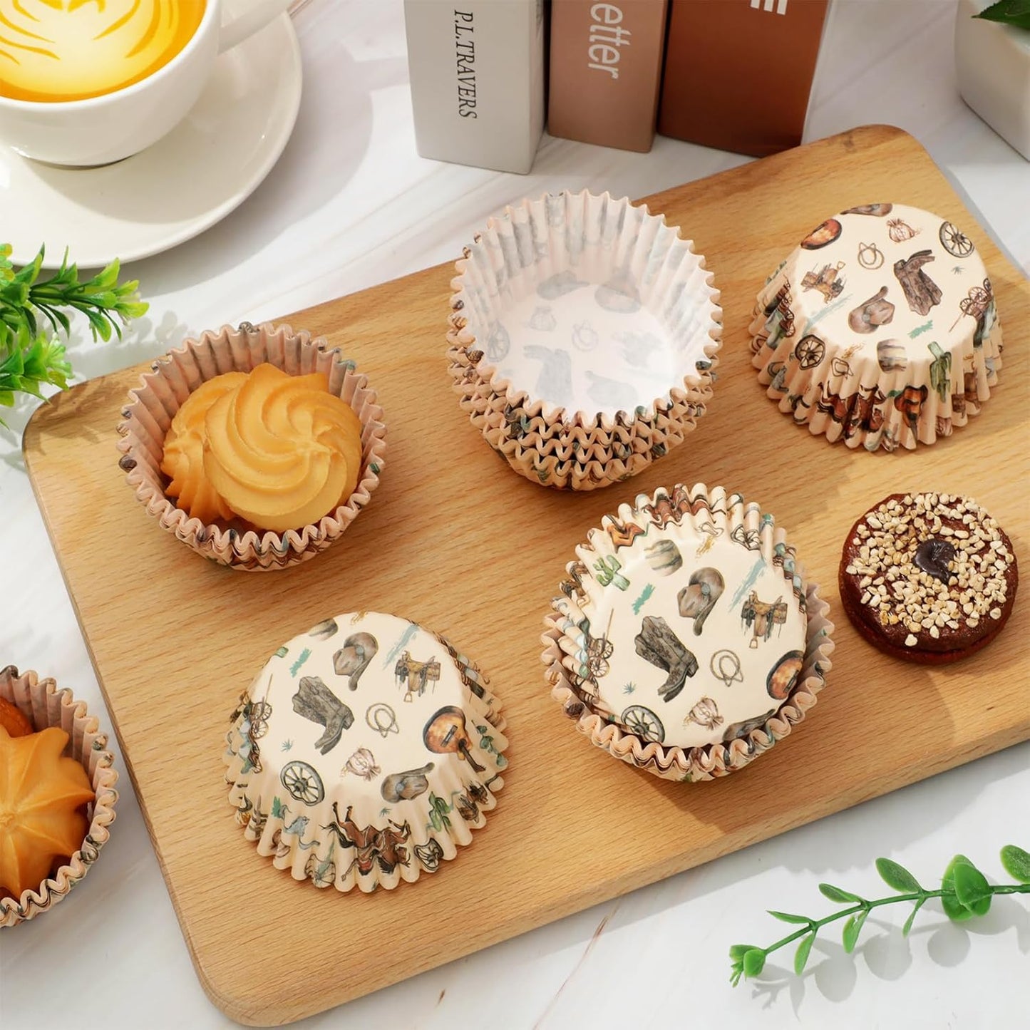 Whaline 300Pcs Western Cowboy Cupcake Liners Western Theme Paper Baking Cup Retro Wild West Cowboy Horse Muffin Liner Wrapper 2 x 1.2 Inch Cake Storage Container for Baby Shower Birthday Party