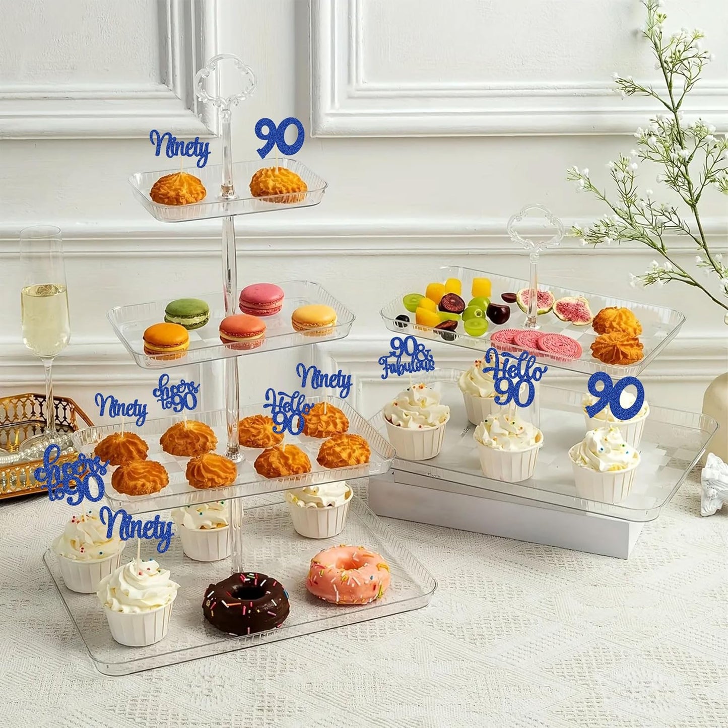 30pcs Happy 90th Birthday Cupcake Toppers - Deep Blue Glitter Ninety Cheers to 90 Years Old Cupcake Picks for Anniversary Party Cake Decorations